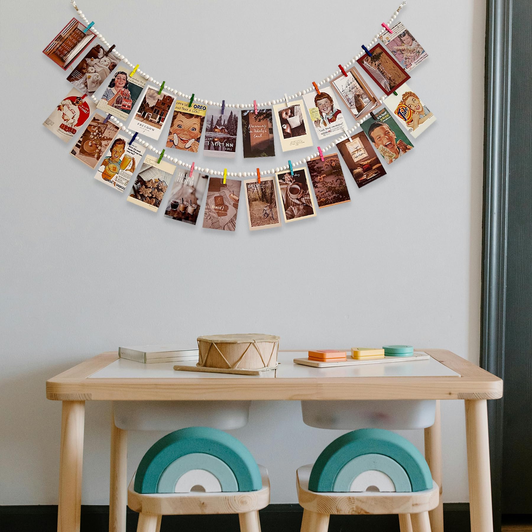 JiTiMi Hanging Photo Display with 12 Clips, 2pcs Wooden Bead Garland, Boho Style Collage Photo Frame Decoration for Dorms, Classrooms, Bedrooms?White?