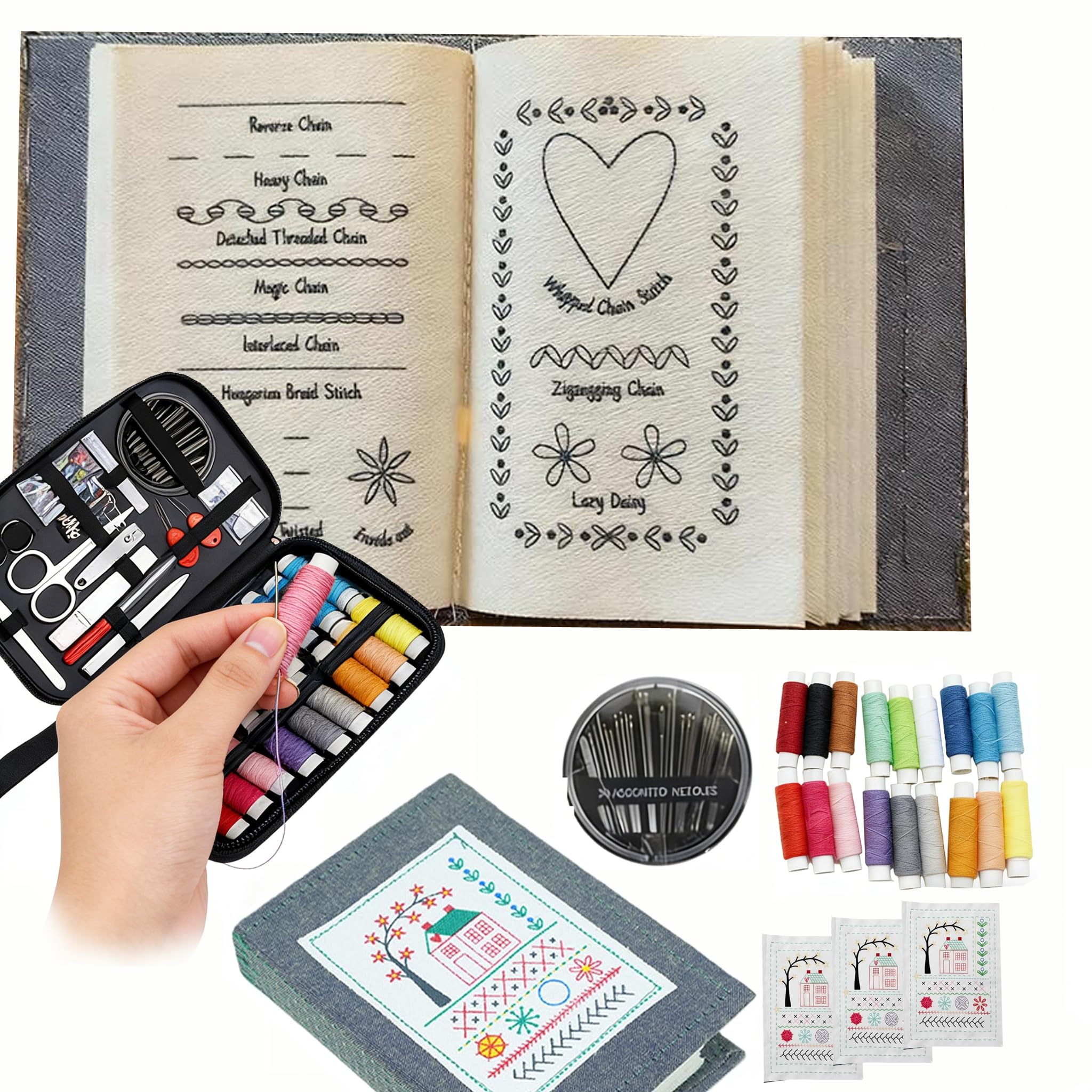 Embroidery Stitch Book Kit, Portable Scenario Embroidery Stitch Book & Sewing Kit, Complete Toolkit Instructional Tutorial, for DIY and Sewing Enthusiasts (white1)