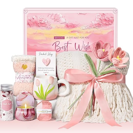 MAYICIVO Presentes de feliz aniversário para mulheres, cuidados pessoais, cestas de presente, relaxantes, rosa, spa, pacote de cuidados para mulheres, exclusivo para mãe, namorada, irmã, melhor amiga