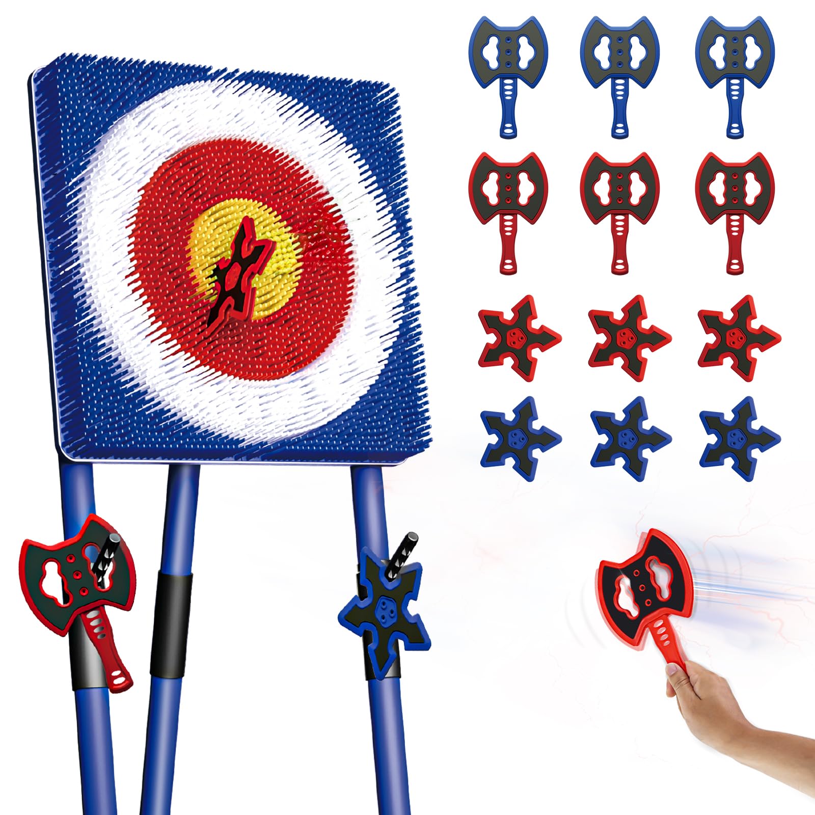 Axe Throwing Game for Backyard - 6 Throwing Axe & 6 Throwing Stars, Foldable Stand,Outdoor/Indoor for Kids & Adults &Families Yard Carnival Games, Blue