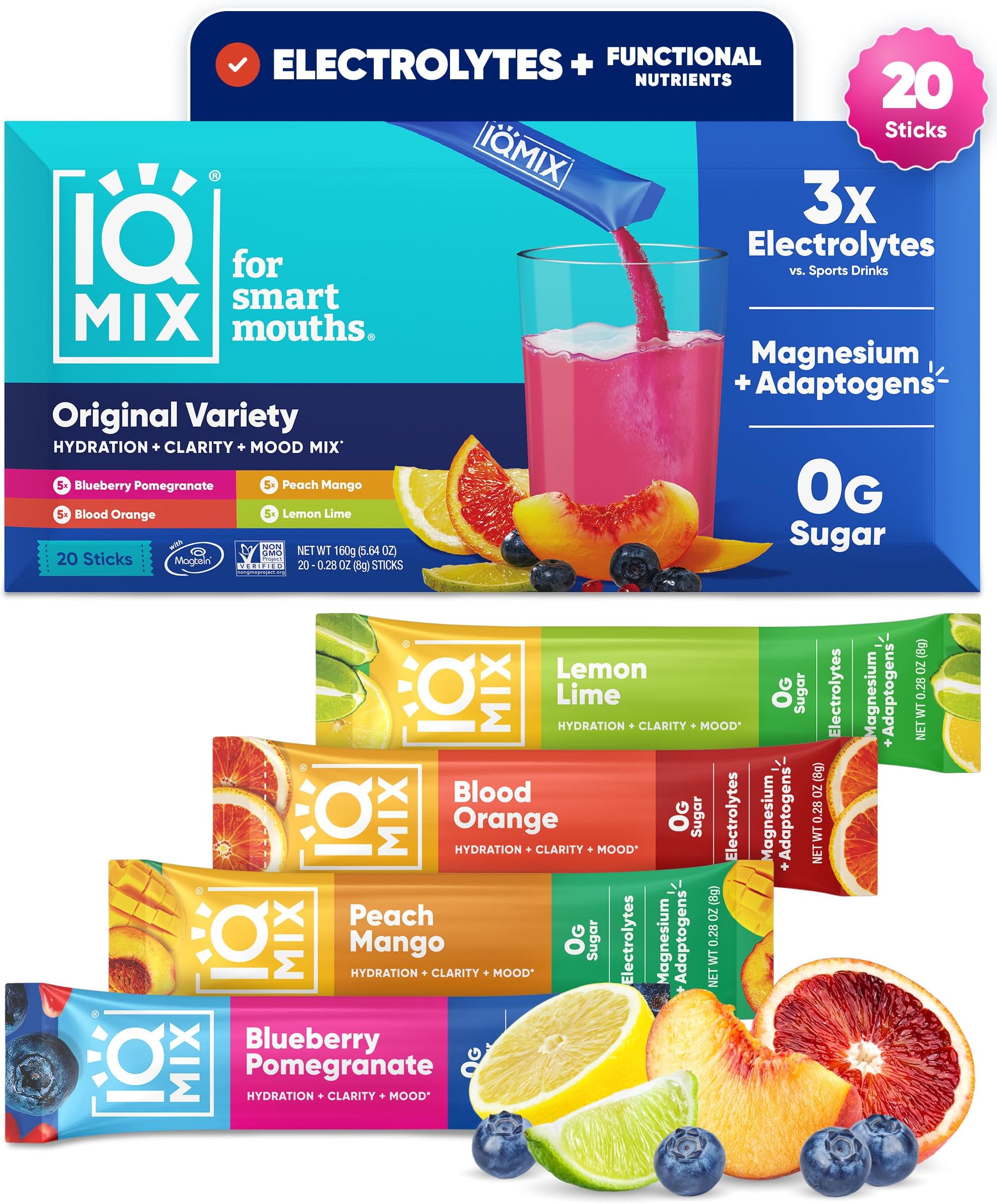 IQMIX Hydration Electrolytes Powder Packets, Variety 20-Count | Sugar Free Drink Mix Sticks | Magnesium L Threonate, Potassium, Sodium, Lion's Mane, Keto, Clean Label Project Certified