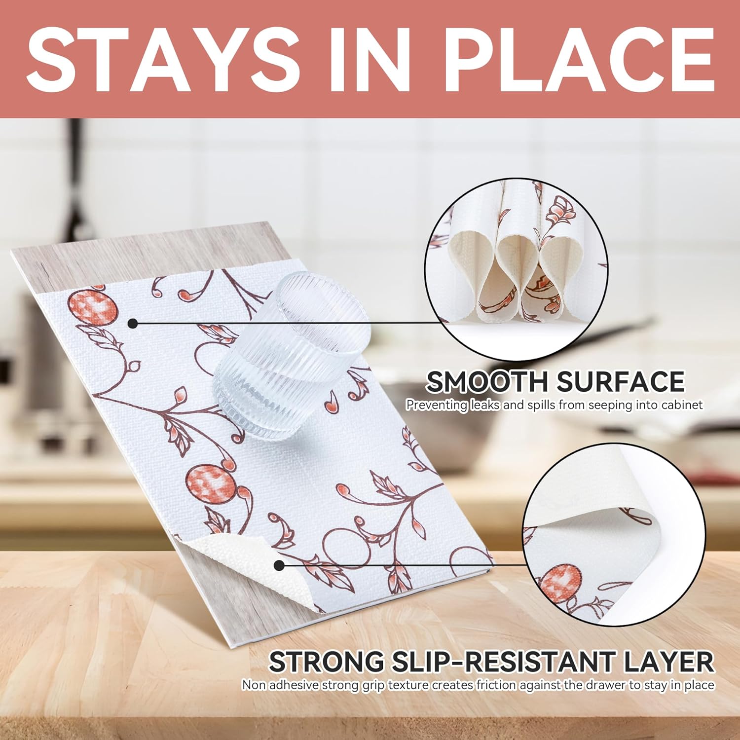 RAY STAR Shelf Liner, Non Adhesive Wisteria Pink Floral Kitchen Cabinet Liner for Pantry Drawer Vanity, Strong Grip Non Slip, Shelf Liners for Kitchen Cabinets Cupboard 18 Inch x 8 FT (3 Rolls)