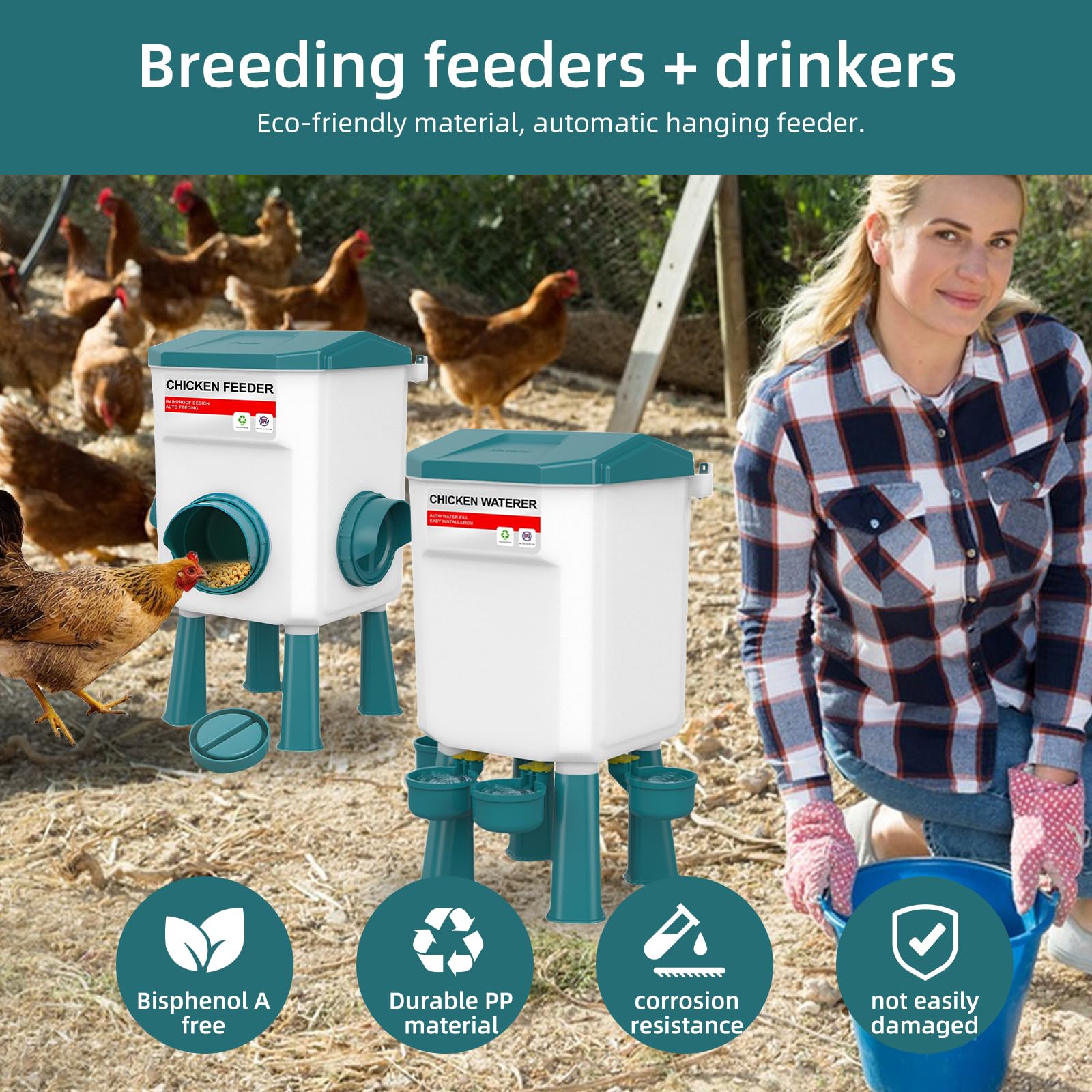 Set de comedero automático para pollos y bebedero para aves, dispensador de alimento para pollos de 8 kg y bebedero para pollos de 7 L, alimentación para aves al aire libre con patas desmontables