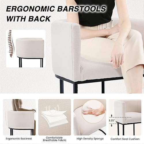 Miniatura 5 de HNY Modern Counter Height Linen Fabric Upholstered Counter Stools Set of 2, 24 Inch Kitchen Island Stool with Black Tubular Frame, Cream 24 pulgadas
