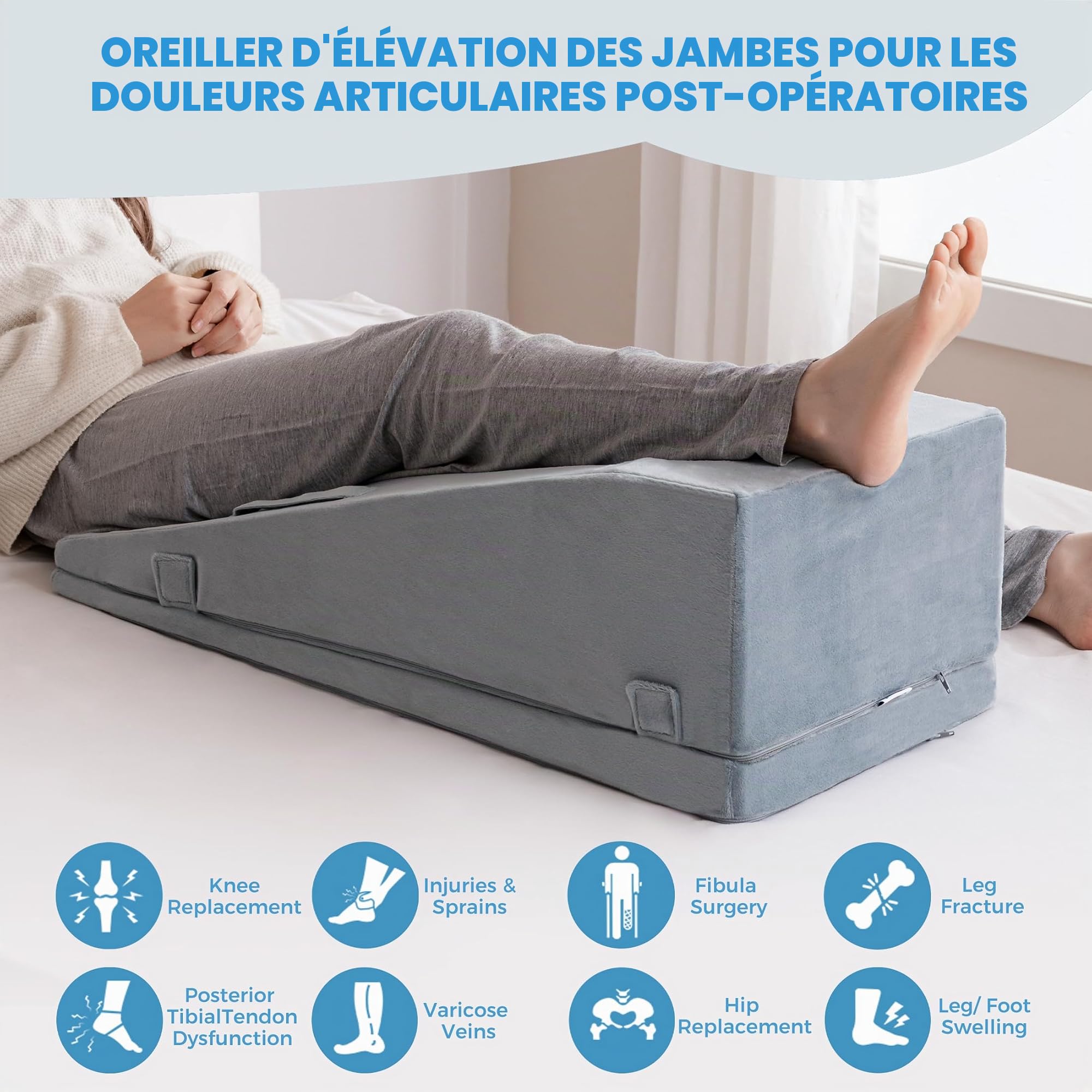 Coussin d'élévation des Jambes, Oreiller Incliné en Mousse de Qualité Réglable, Soulage les Douleurs Articulaires Post-Opératoires, Courbe Ergonomique pour Favoriser la Circulation Sanguine