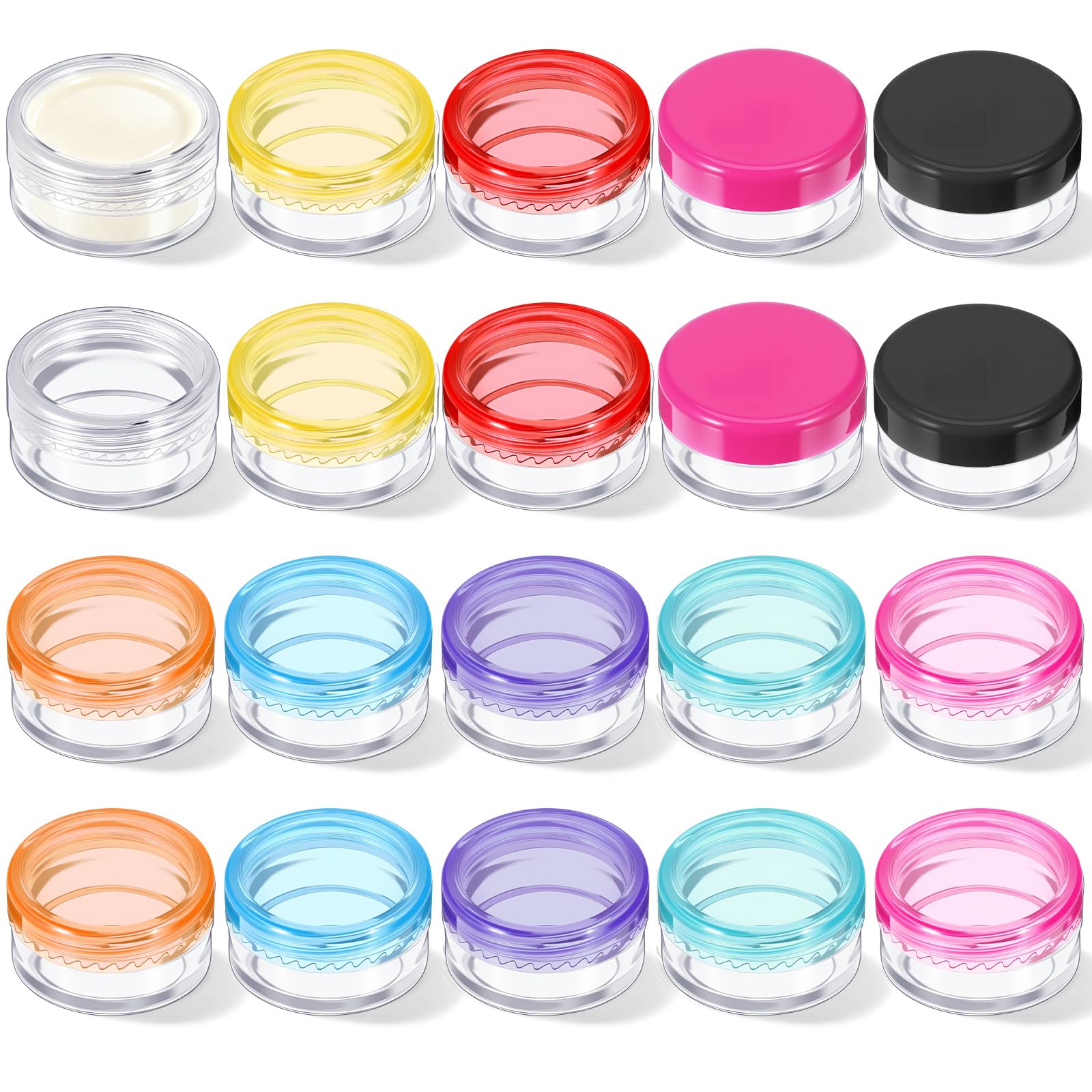20 Pack 5ml Clear Sample Pots, Empty Cosmetic Containers Small Plastic Jars with Lids MultiColor 5 Gram Tiny Travel Leak Proof Refillable Makeup Storage Jars for Lip Balm Scrub Glitter Cream Bead