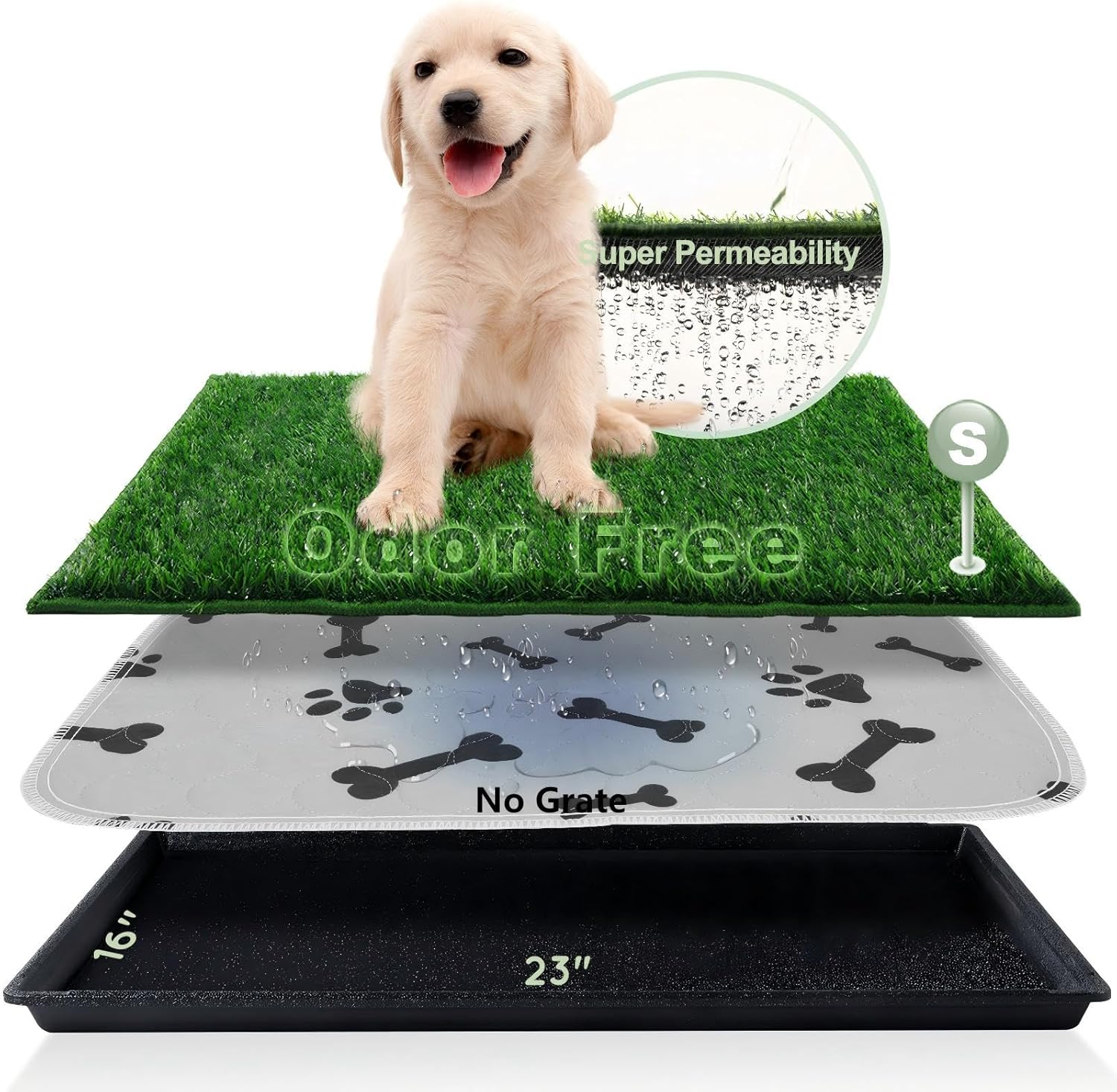 Dog Grass Pad with Tray Small 23" x 16", Ultra-Absorbent Artificial Grass Pad for Dogs Potty(No Grate)Grass Hemmed Edge for Indoor Potty Training Reusable Puppy Pads Dog Litter Box Balcony Small - 23”×16” for 3-10lbs Dog