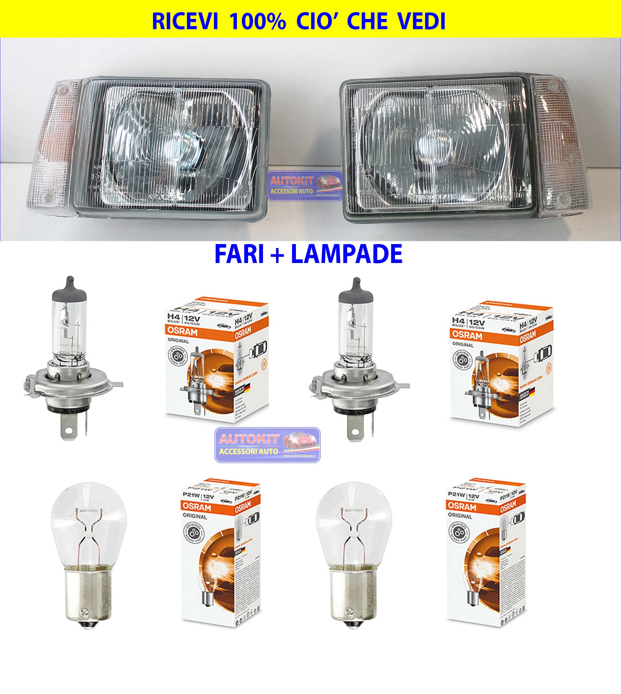 Fari anteriori per Panda 4x4 Fanali Coppia Luci faro fanale luce anteriore REGOLAZIONE MANUALE Lampade Osram 31710/1-31720/1 - OA64193 - OA7506