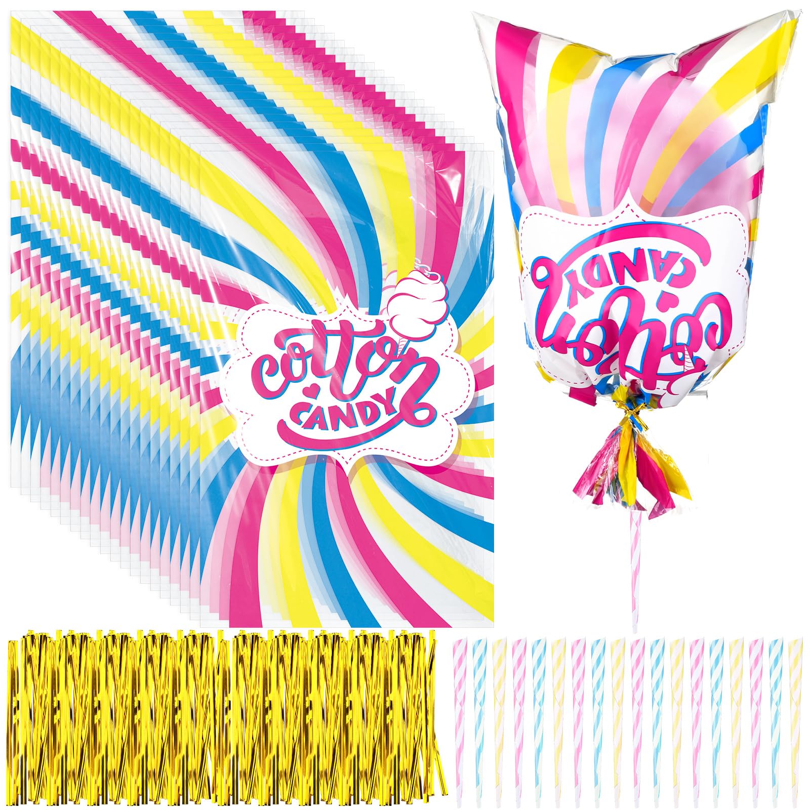 Cotton Candy Supplies Include 11.5 x 18.5 Inch Plastic Cotton Candy Bags Printed Large Candy Bags Ties Cotton Candy Cones Cotton Candy Sticks for Party Gift Wrapping (200 Sets)
