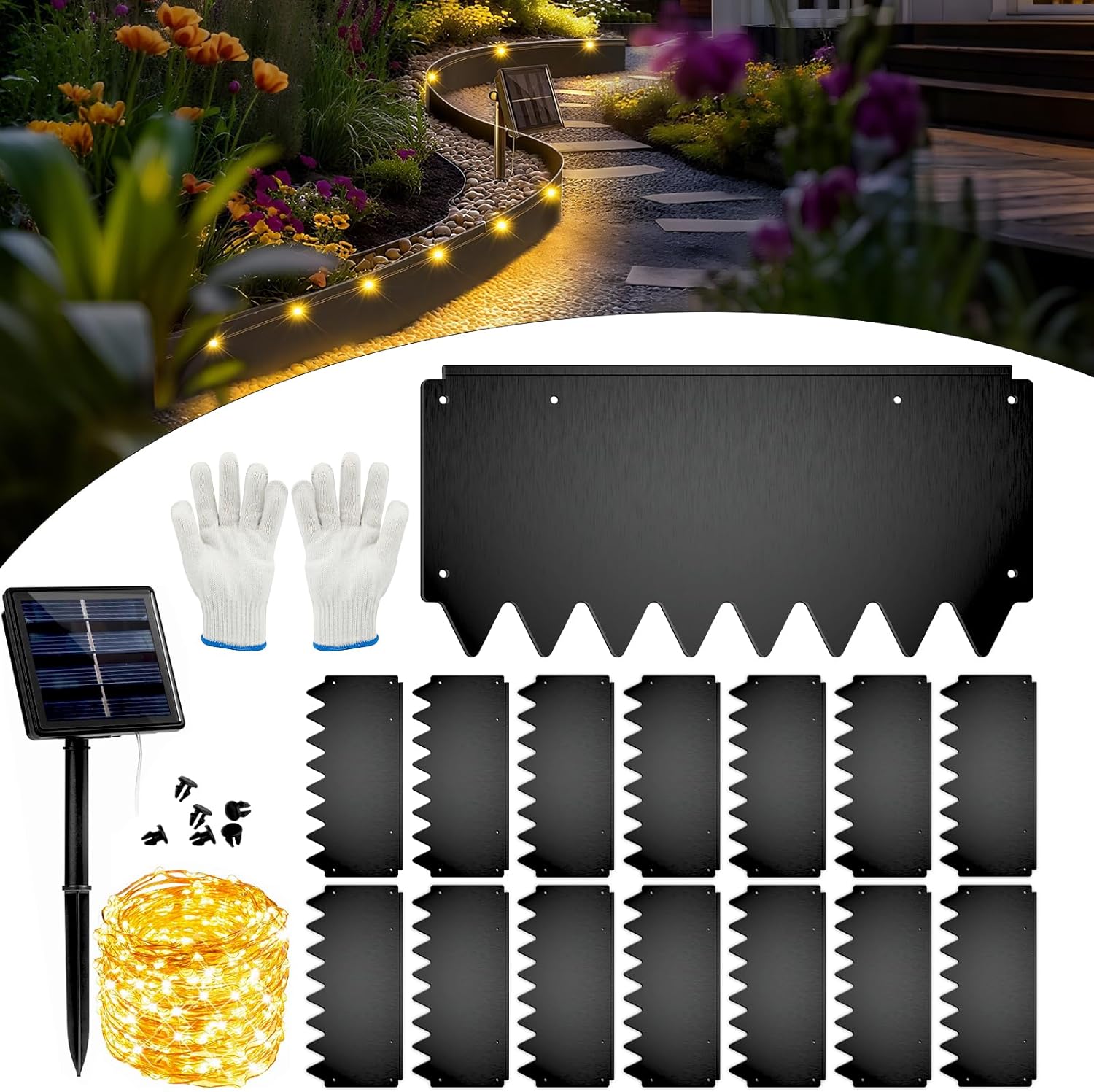 【2025 New】 21ft. Metal Landscape Edging with Lights 15 Pack - 16.5"x8" Galvanized Steel Garden Border with Rolled Top & Curved Serrations - Flexible Bendable Rustproof Edging for Lawn Flower Bed Yard