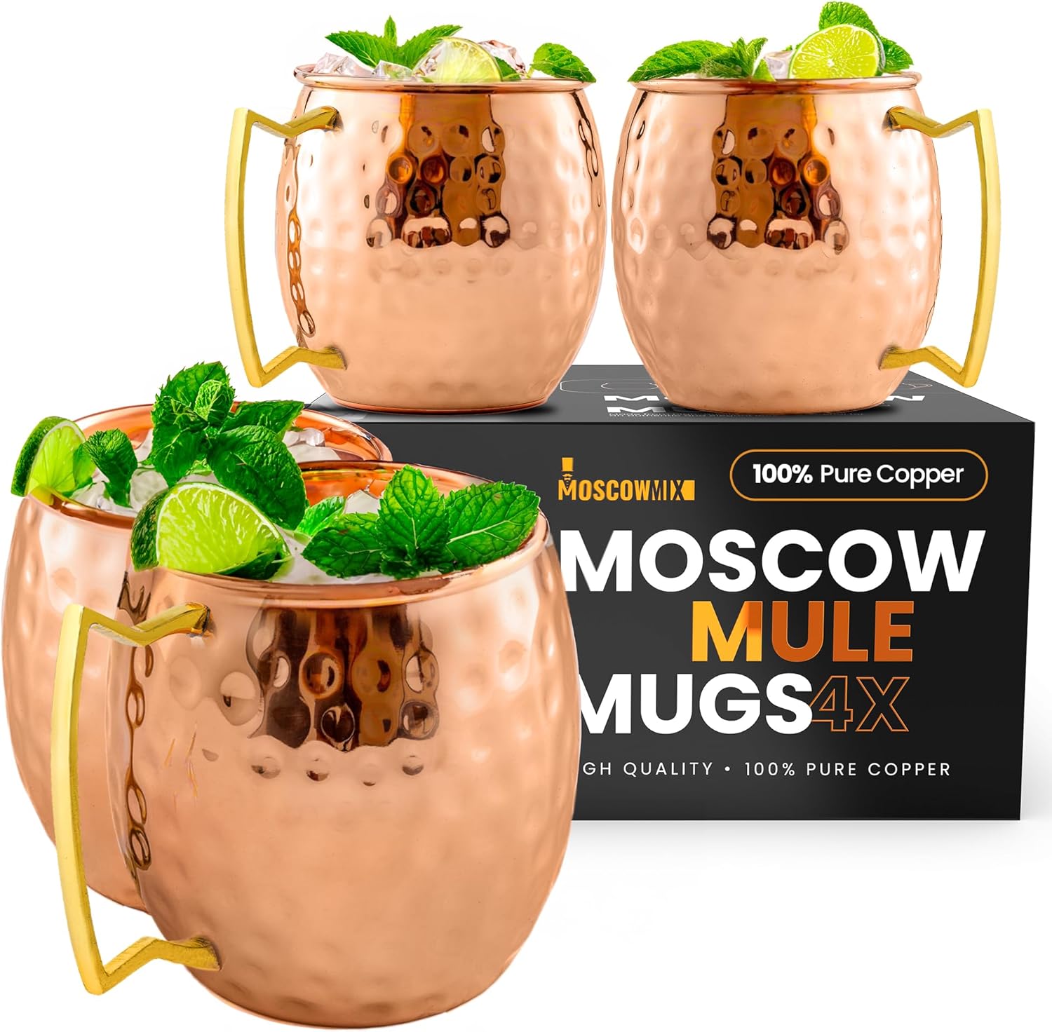 Moscow-Mix Moscow Mule Mugs - Set of 4-100% Pure Copper Mugs Large 16 oz Handcrafted - Food Safe Copper - Premium Moscow Mule Cups Set of 4 - Solid Copper Cups Perfect Premium Gift