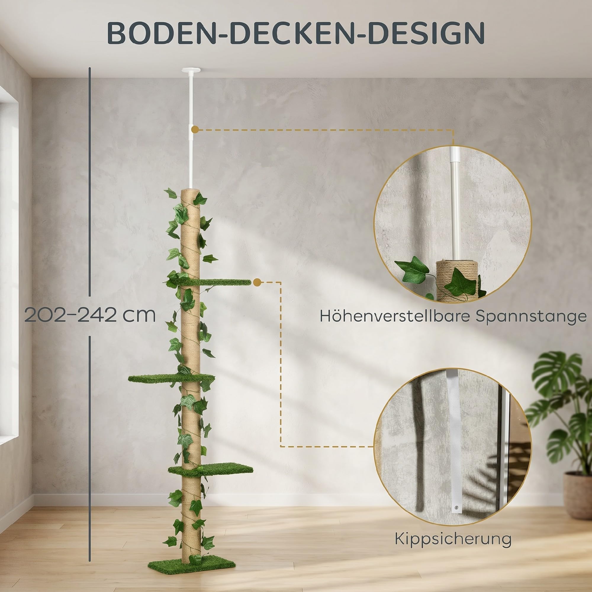PawHut Kratzbaum Deckenhoch 202-242 cm für Mittelgroße Katzen Grün+Gelb