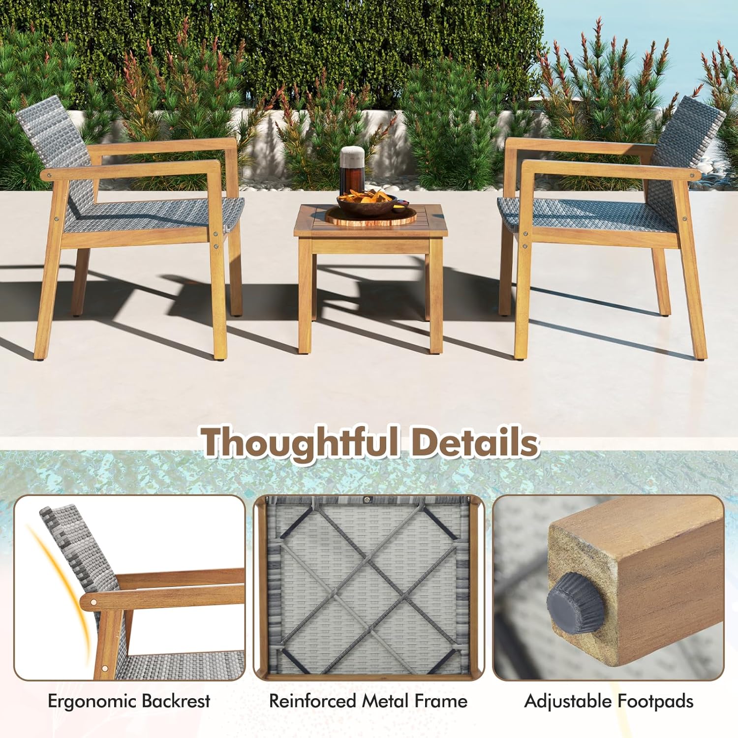 Tangkula 3-Piece Acacia Wood Patio Furniture Set Gray
