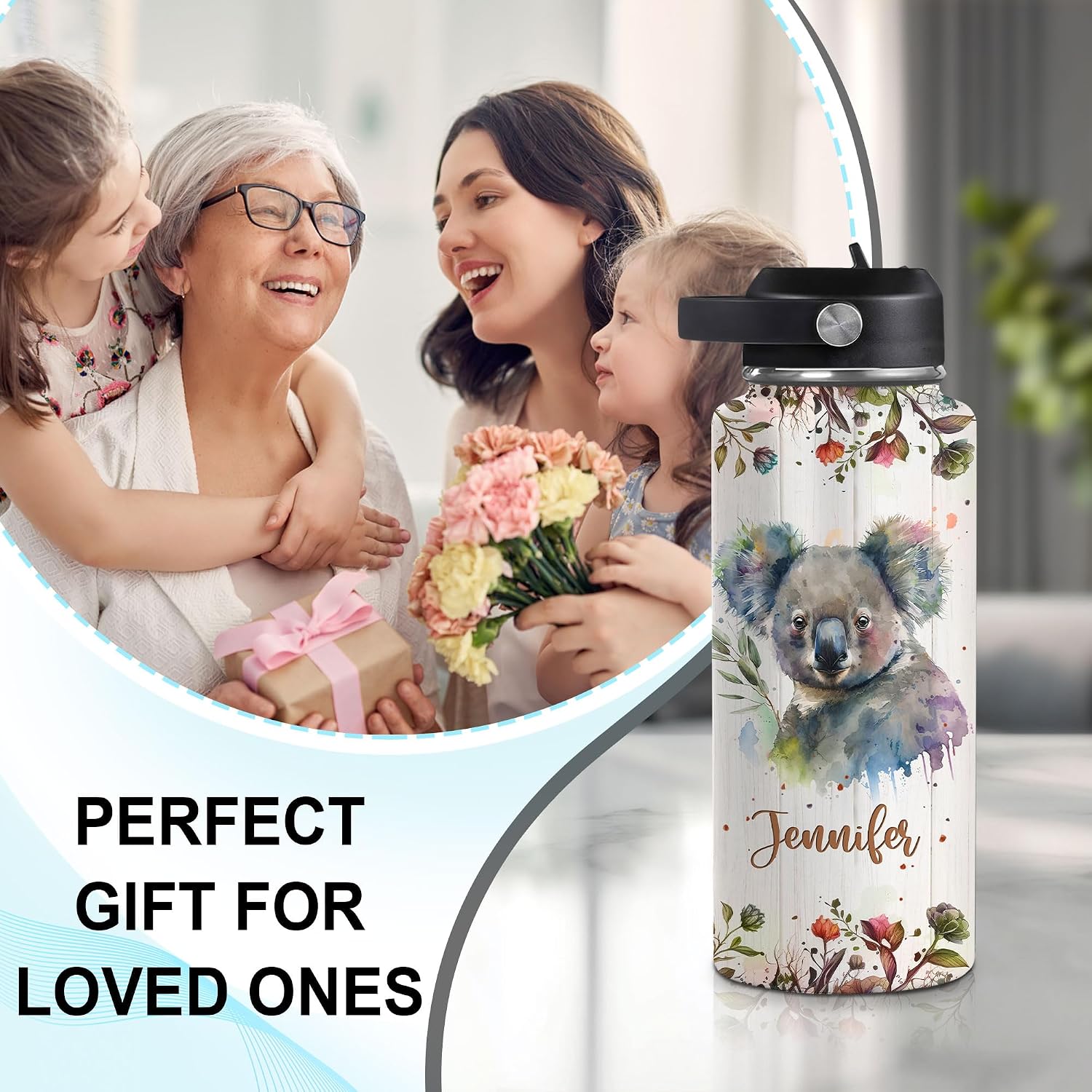 Hyturtle Personalized Koala Water Bottle - Travel Insulated Stainless Steel Bottle with Leak-Proof Lid 18 oz, 32 oz - Gift for Women Girls Koala Lovers - Birthday & Christmas Gift