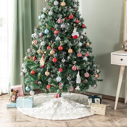 Vista 74 de Faldones de felpa para árbol de Navidad, 36 pulgadas, tapete de lujo de piel sintética blanca nevada con copos de nieve dorados para decoración