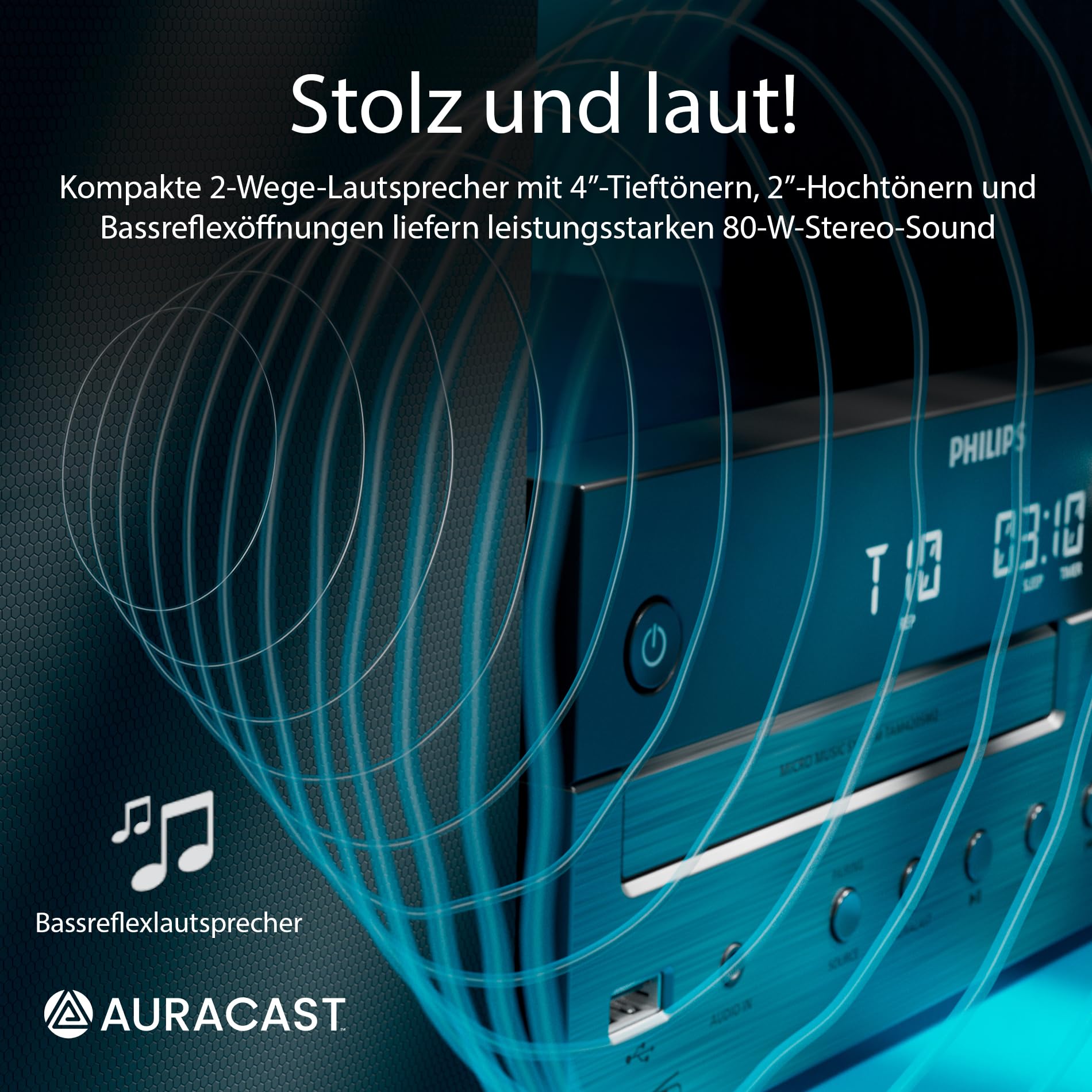 Philips TAM4555 Mikro-Hi-Fi-Anlage – 100 W, Bassreflex, DAB+/UKW, CD, USB, Audio-Eingang, Bluetooth 5.4, Auracast, Fernbedienung, digitale Soundvoreinstellungen, umweltfreundliche Verpackung