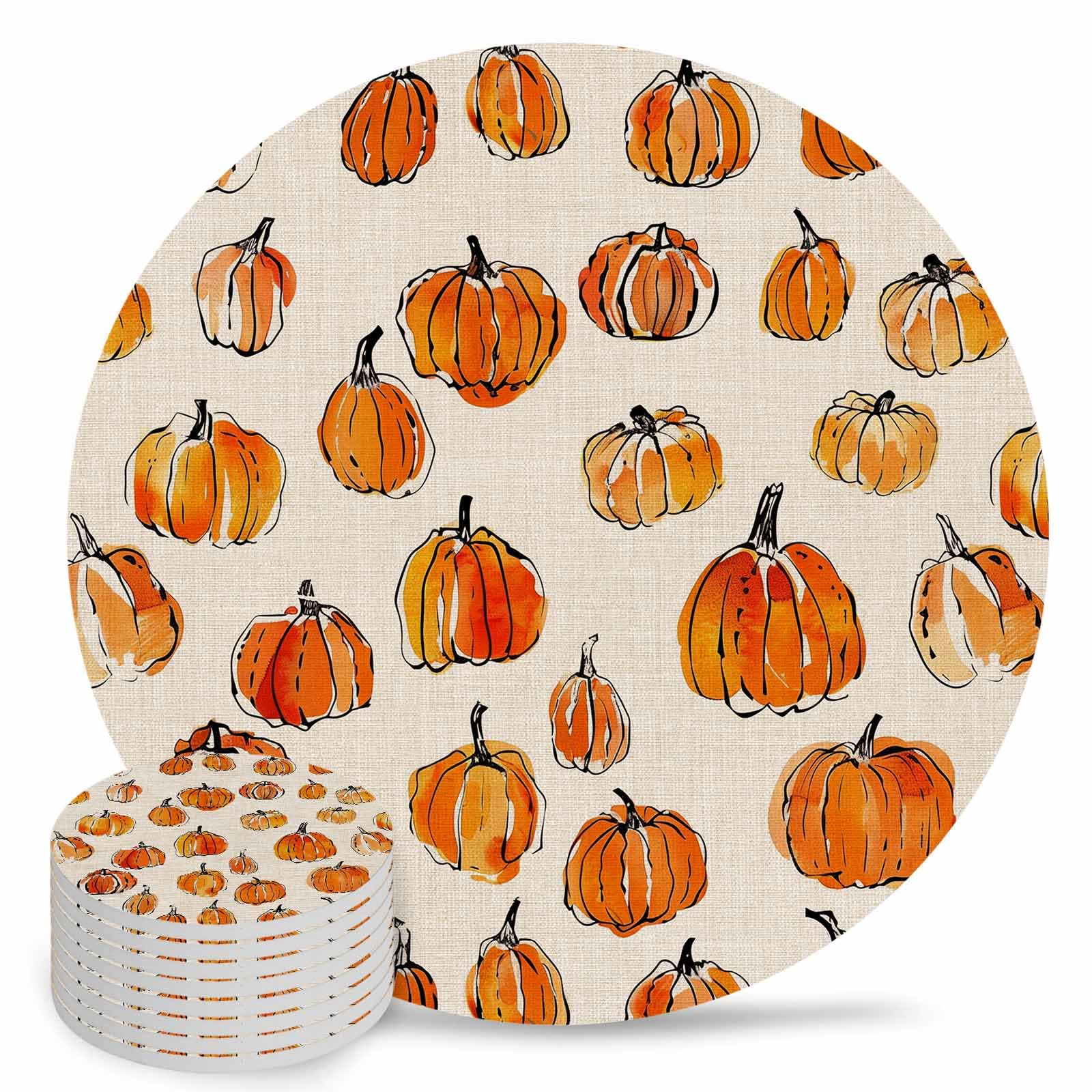 Set Of 6 Fall Pumpkin Coasters | Absorbent Ceramic Stone Drink Coasters With Cork Bottom & Metal Holder | Vintage Autumn Decor, Housewarming Gift