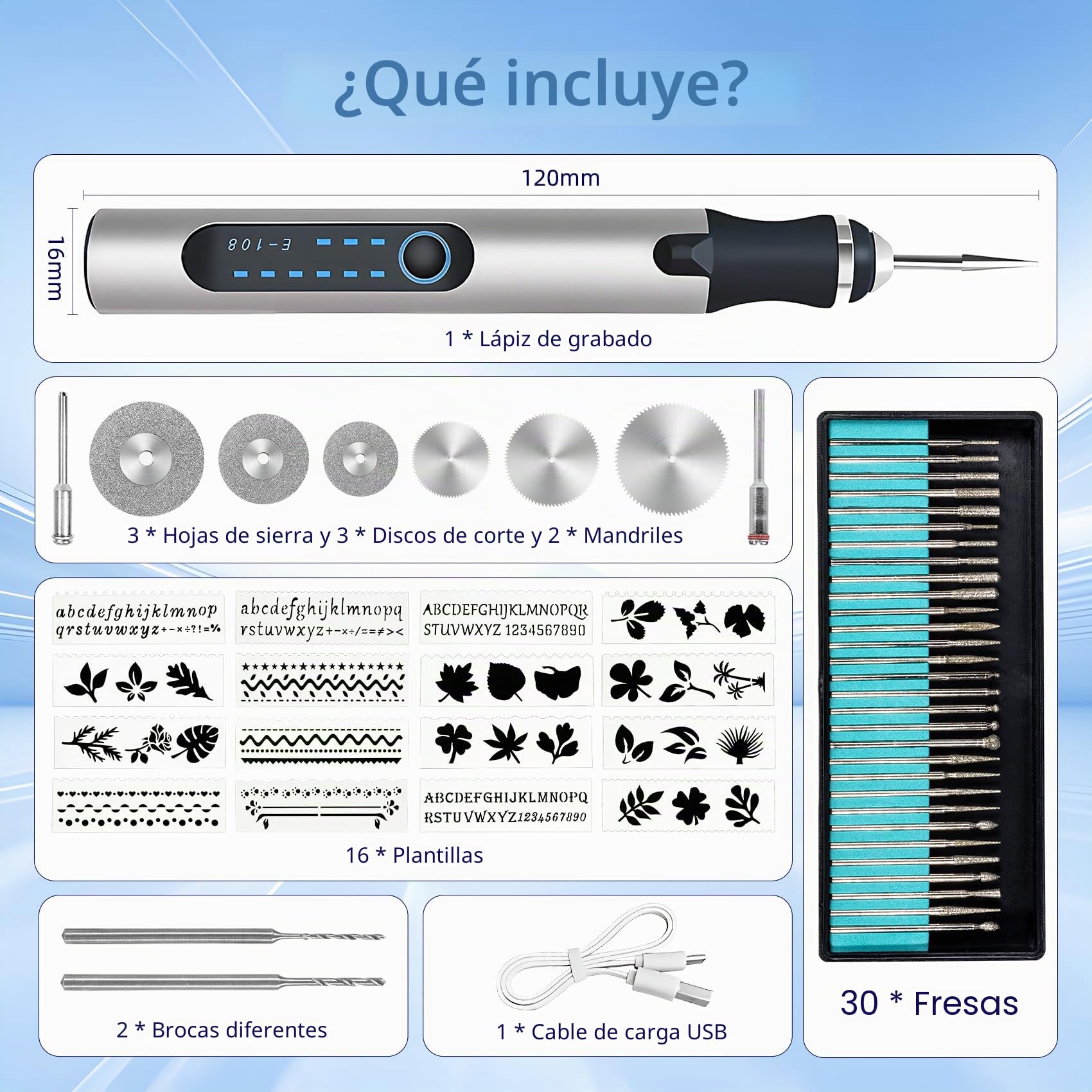 Bolígrafo grabador eléctrico, recargable por USB, inalámbrico, kit de engraving pen portátil, herramienta de grabado para vidrio, madera, plástico, metal y piedra.