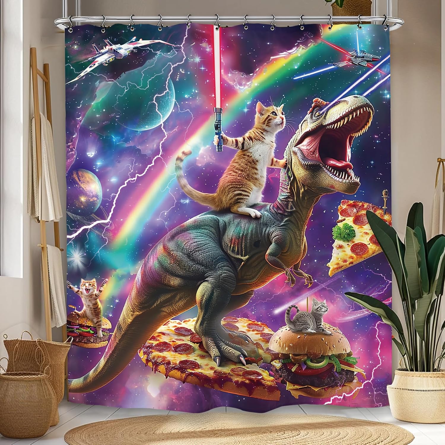 Funny Dinosaur Cat Shower Curtain 60Wx72L Inch Cool Kids Boys Galaxy Space Universe Hilarious Animal Bathroom Set Accessories Decor with 12 Pack Hooks image 5
