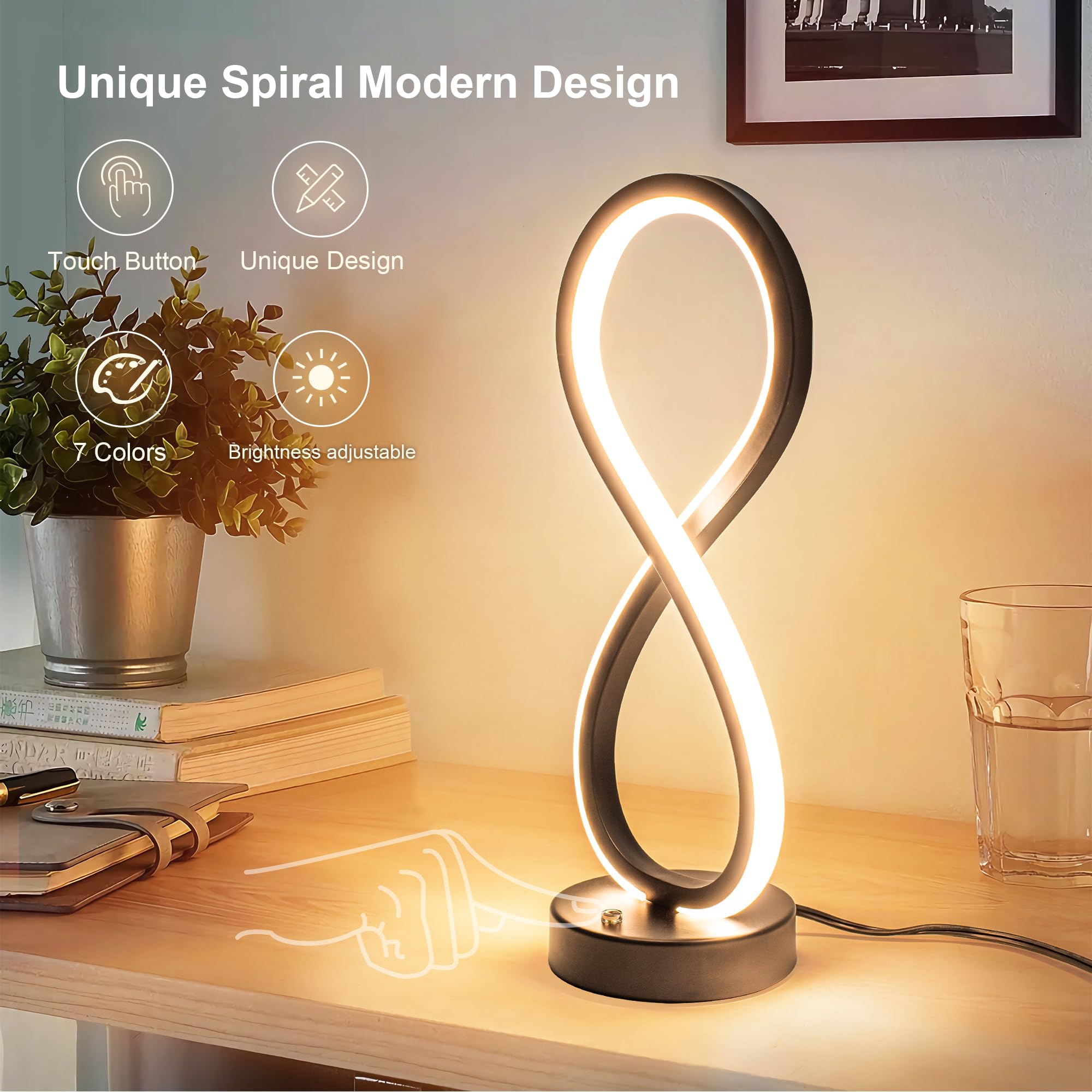 Adebime Modern Spiral RGB Night Lamp, 10 Dimmable Light Modes with Touch Control, Unique Black Bedroom Table Lamp for Living Room and Bedside Decor, Cool Decorative Lamp
