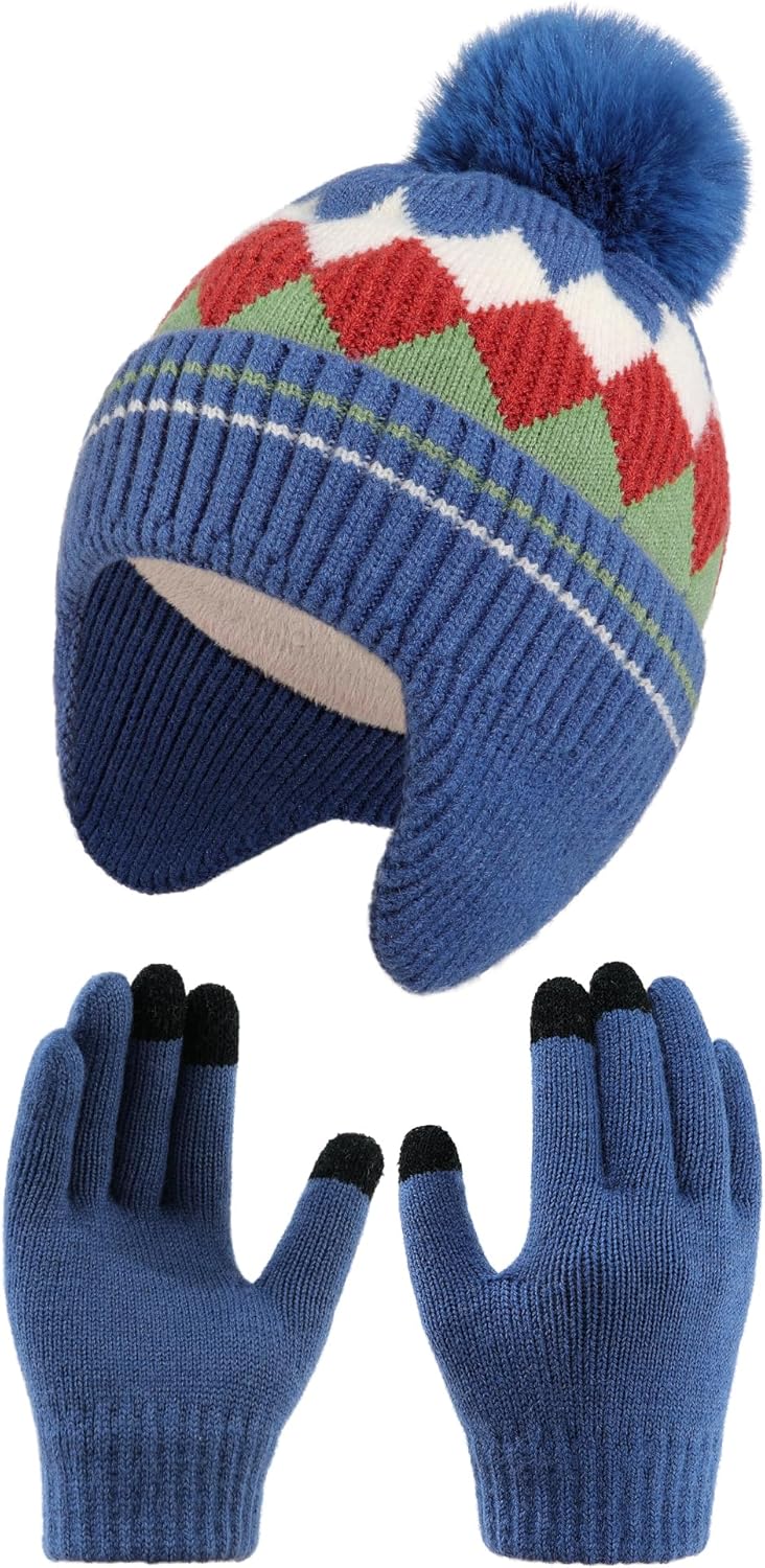 AWAYTR Kids Winter Hats and Gloves Sets - Beanie Hat with Pom Pom and Gloves Set for Toddler Boys and Girls Warm Earmuff