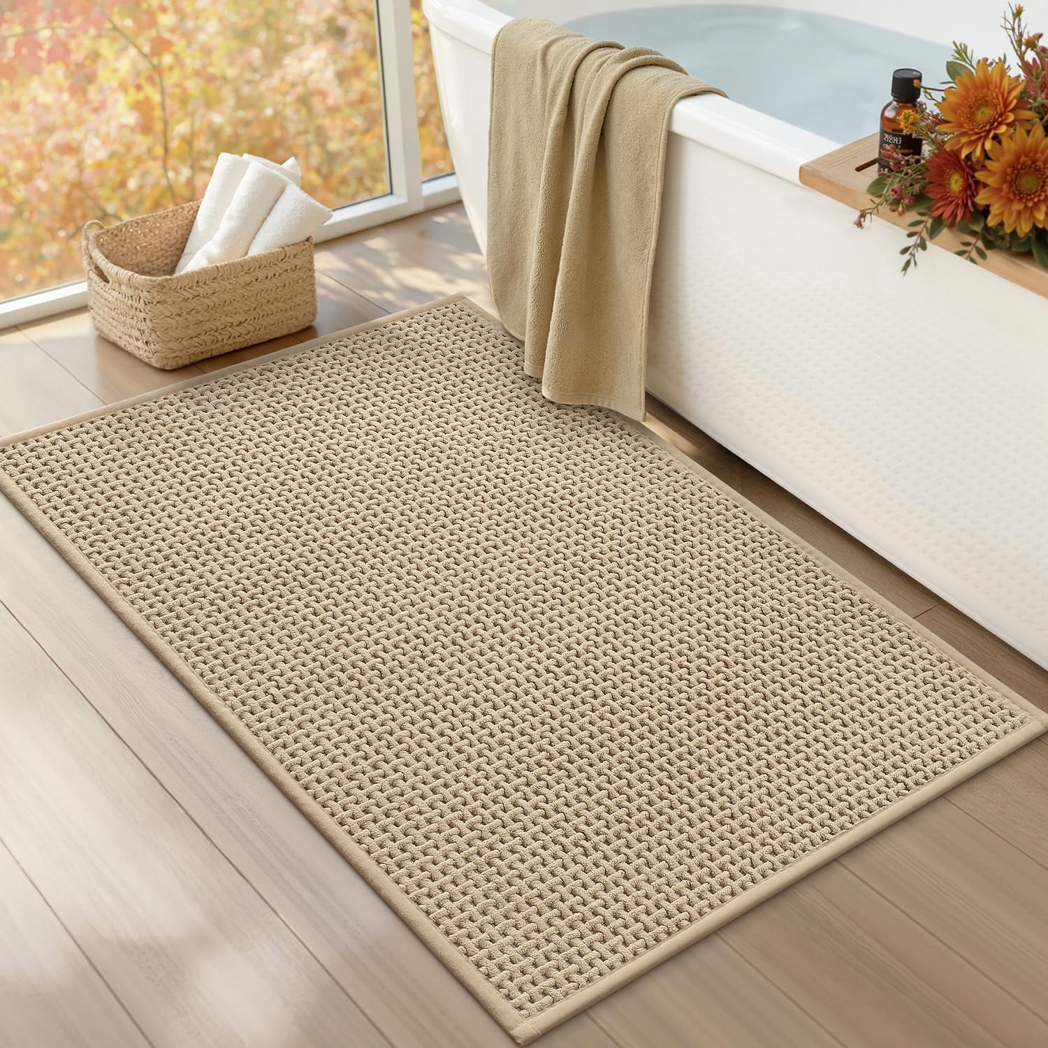 COLOR&GEOMETRY Badematte 60x90cm Beige Chenille, rutschfest saugfähig | Gummiboden rutschfest, ultraweich aus Chenille, saugfähig & waschbar Badvorleger für Bad, Dusche, Wanne
