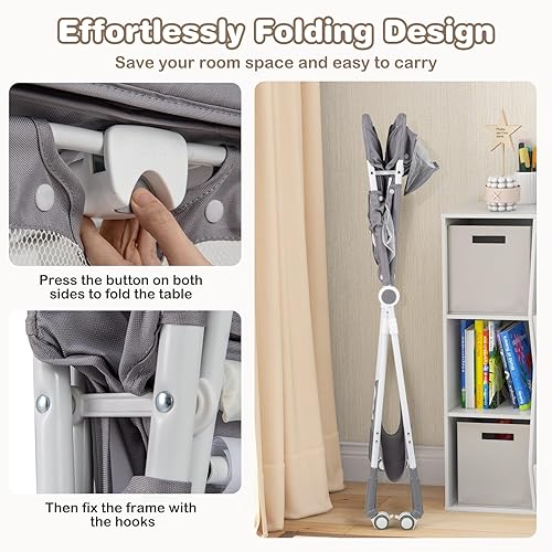 Miniatura 5 de HONEY JOY Cambiador, organizador móvil plegable con ruedas, altura ajustable, bolsa de almacenamiento y estante abierto, estación portátil para