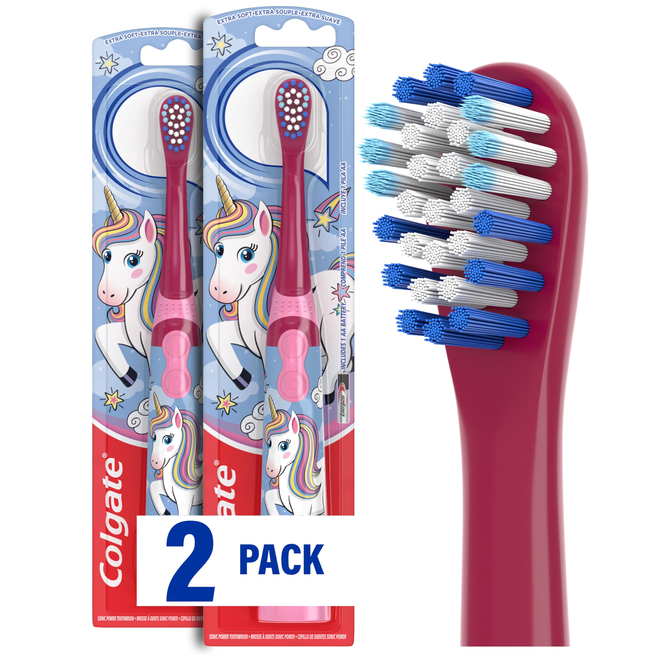 Colgate Kids Battery Powered Toothbrush, Unicorn, Extra Soft Toothbrush, Ages 3 and Up, 2 Pack
