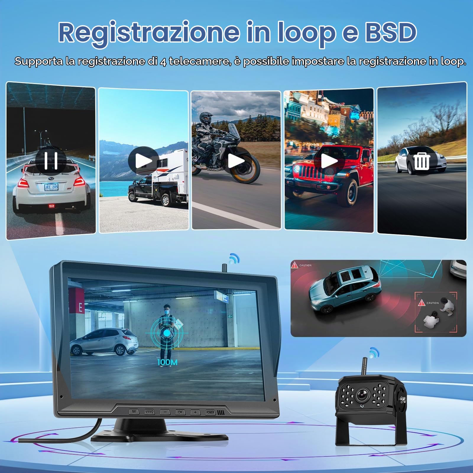 Hodozzy 4 Telecamere Posteriore Digitali Wireless con Monitor IPS da 10,1 Pollici, Supporta BSD,Telecamera Retromarcia Impermeabile IP68, Telecamera DVR 720P per Camper/Camion