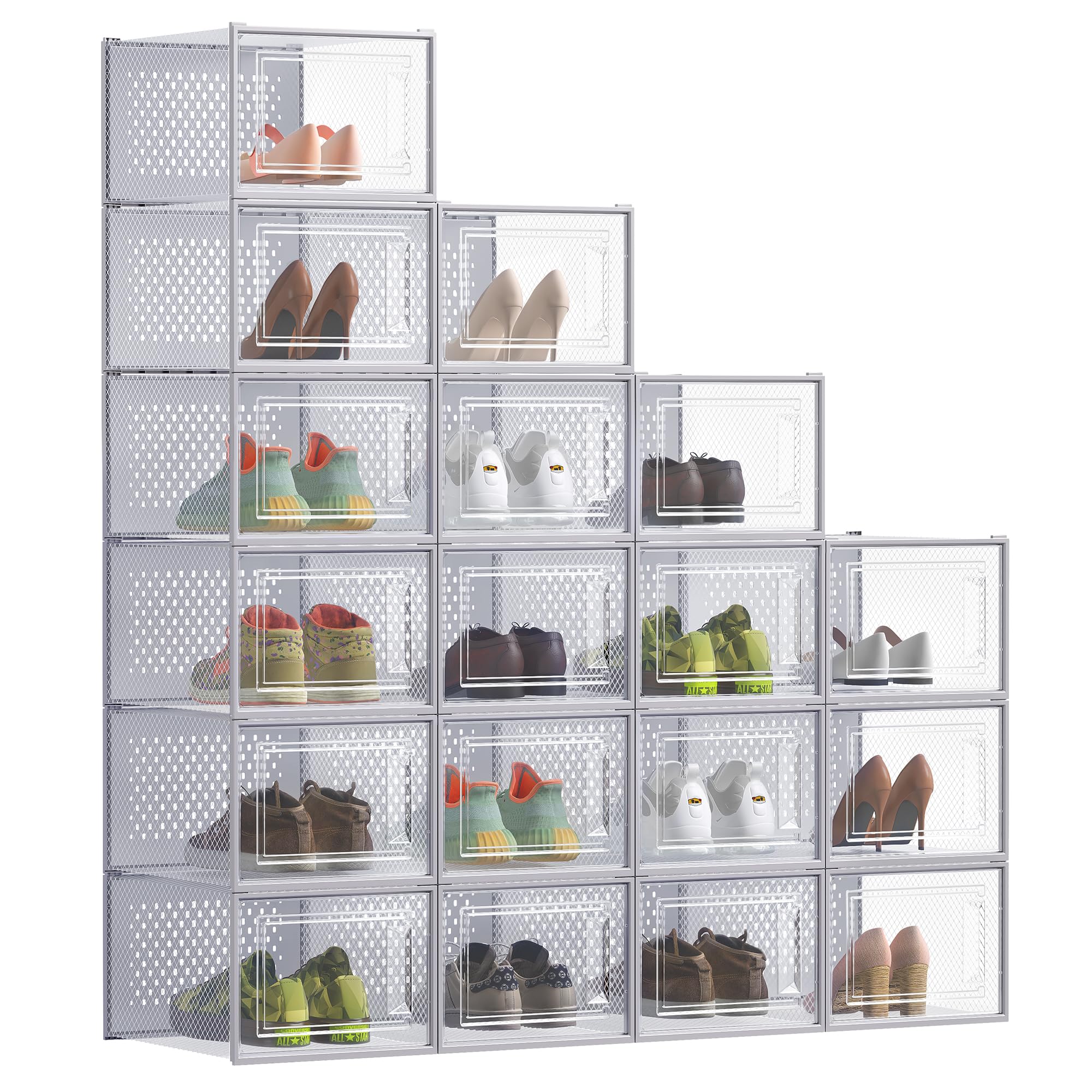 SONGMICS Boîtes à Chaussures, Rangement Chaussures en Plastique, Pliables et Empilables, pour Pointure Jusqu'à 47, Lot de 18, Transparent et Gris Tourterelle LSP077G18