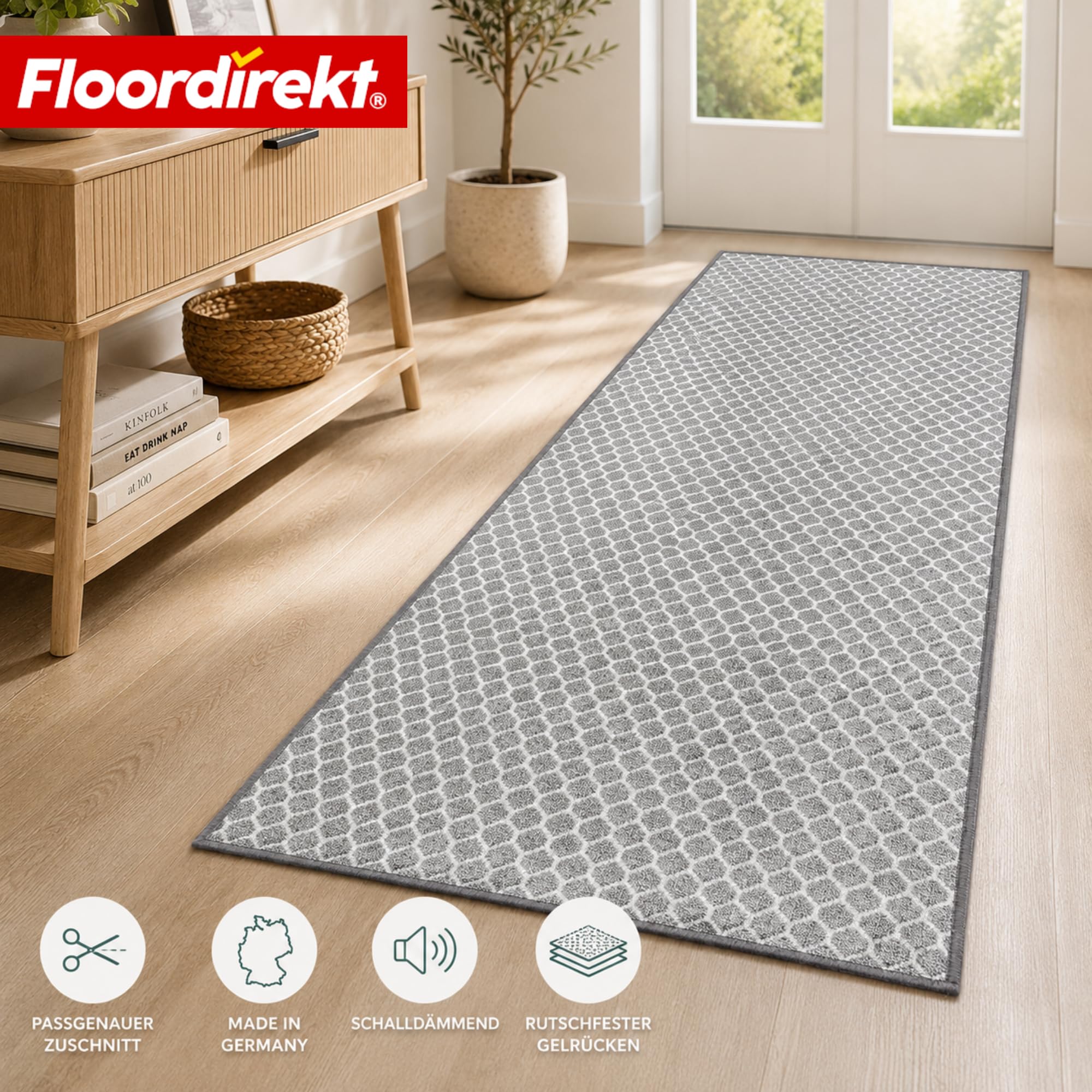Floordirekt Teppichläufer Tralee 80 x 600 cm - Läufer für Küche, Flur & Wohnraum - Feinschlingen Teppich - rutschfest & antistatisch - Küchenläufer Flurteppich Flurläufer