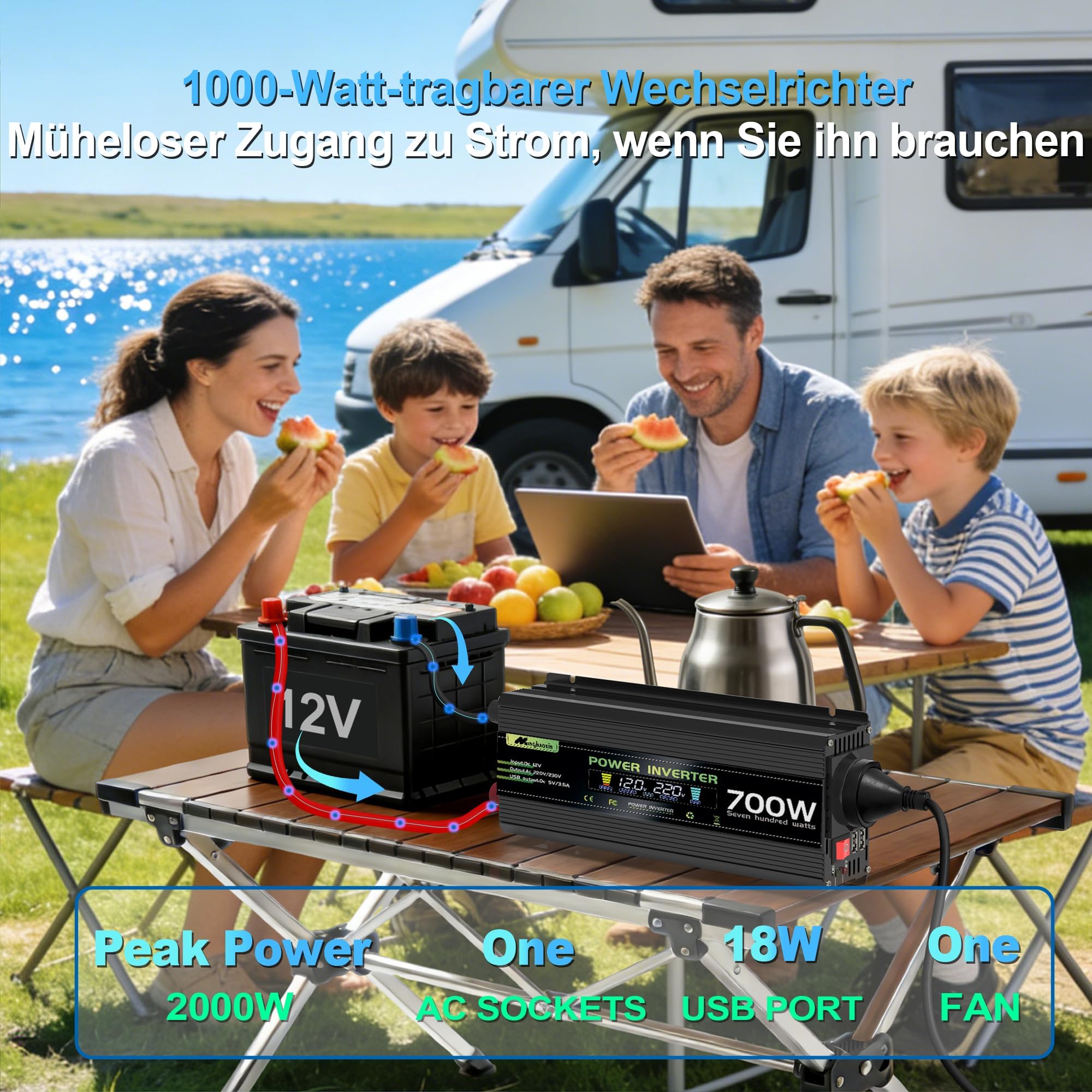 700W/1400W Wechselrichter 12V auf 230V Spannungswandler mit EU-Steckdose, USB, KFZ für Haushaltsgeräten Wohnmobile, LKW, Boote, Camping