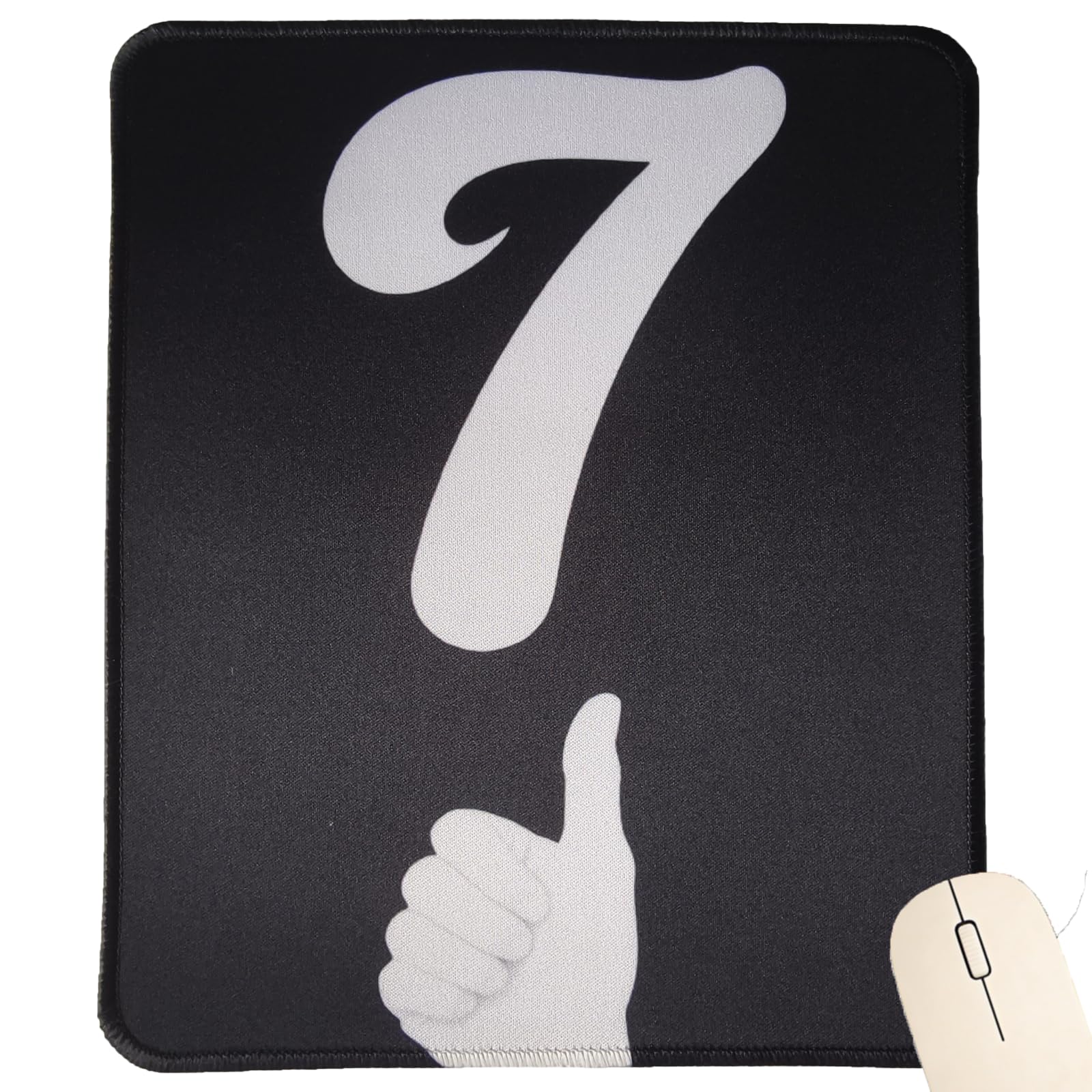 Lucky Number 7 Podkładka pod mysz, antypoślizgowa mata na biurko z minimalistycznym białym gestem kciuka w górę na czarnym, gumowa podstawa, wodoodporna, do biura, gier, komputera