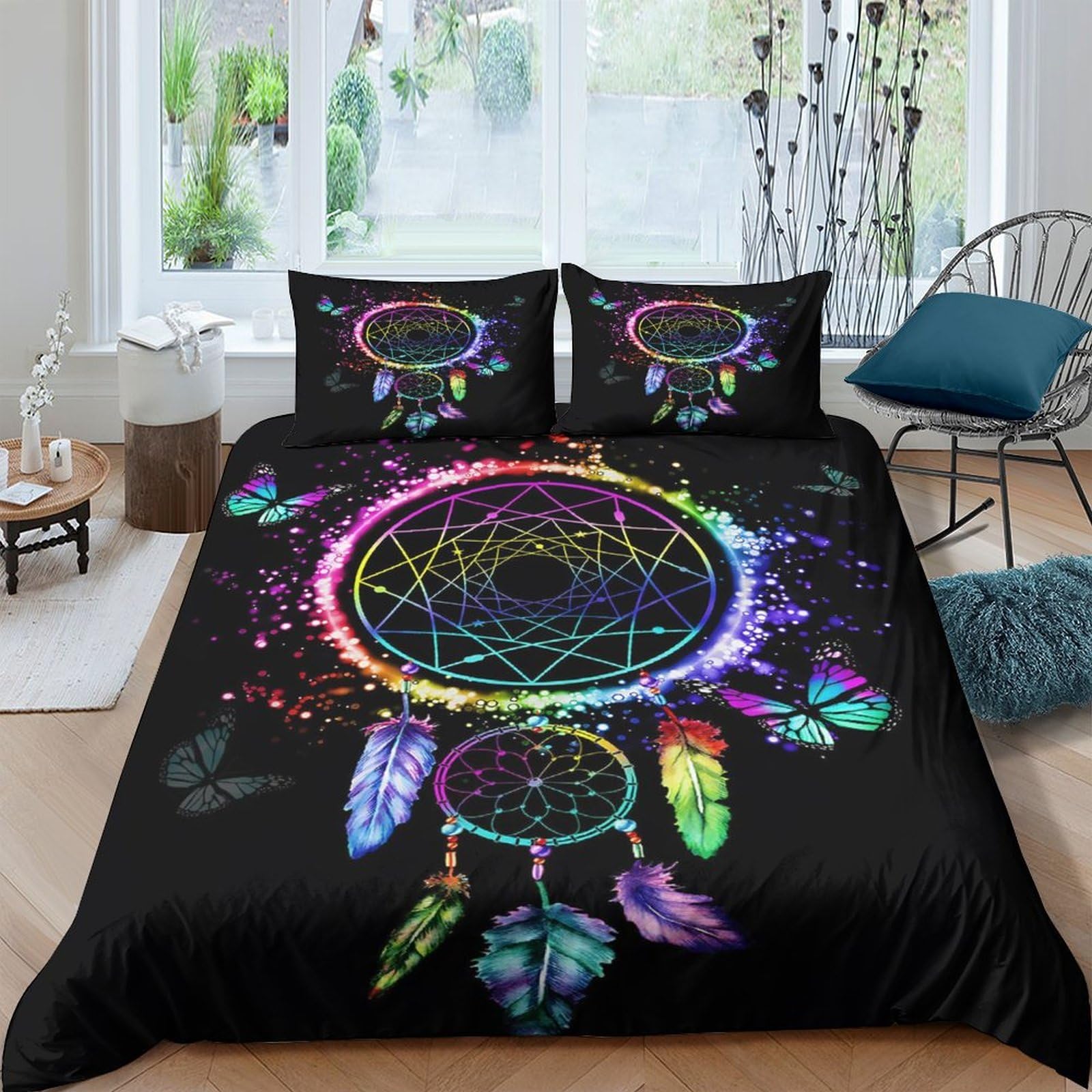 Ctjqhvkz Style-5 3D Printed Dreamcatcher Fitted Sheet Microfiber Soft Black Feather Mattress Cover For Bedroom Dorm Room Decor Single（135X200cm）