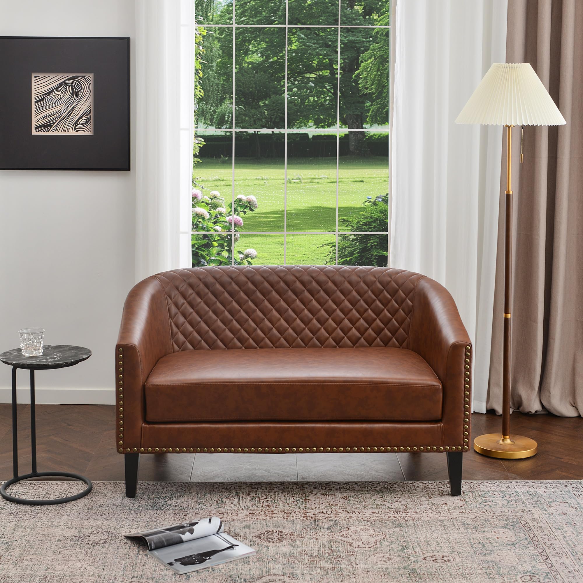KINWELL 50" Faux Leather Tufted Barrel Settee