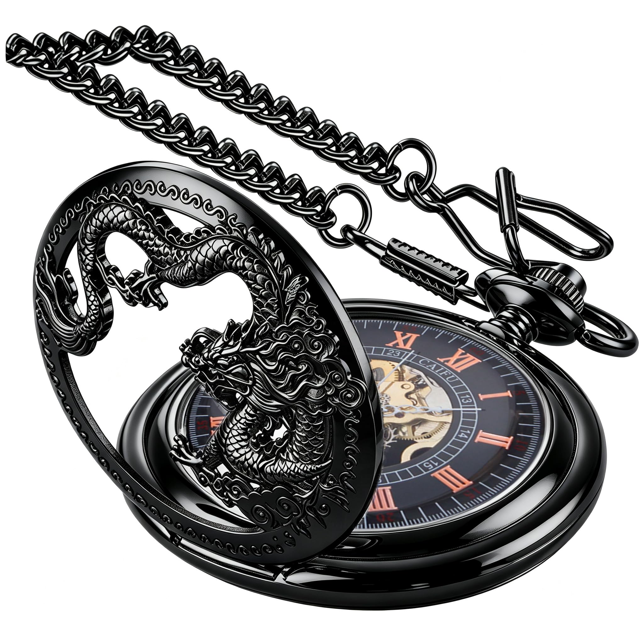 Men's Mechanical Hollow Dragon Design Hand Wind Pocket Watch Roman Numerals Steampunk with Chain Box