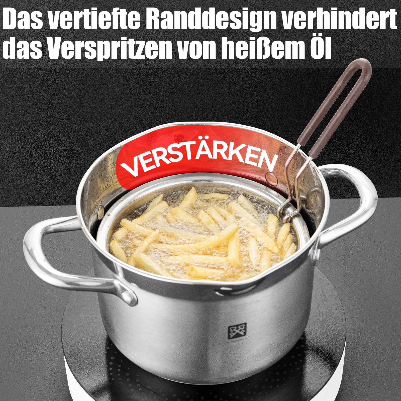 Edelstahl Frittiertopf 4L, Fritteuse mit Sieb und Deckel,Fritteusentopf Dampfgarer Mehrzweck-Kochtopf Zubereiten von Hähnchenflügeln Meeresfrüchten Pommes frites Calamares