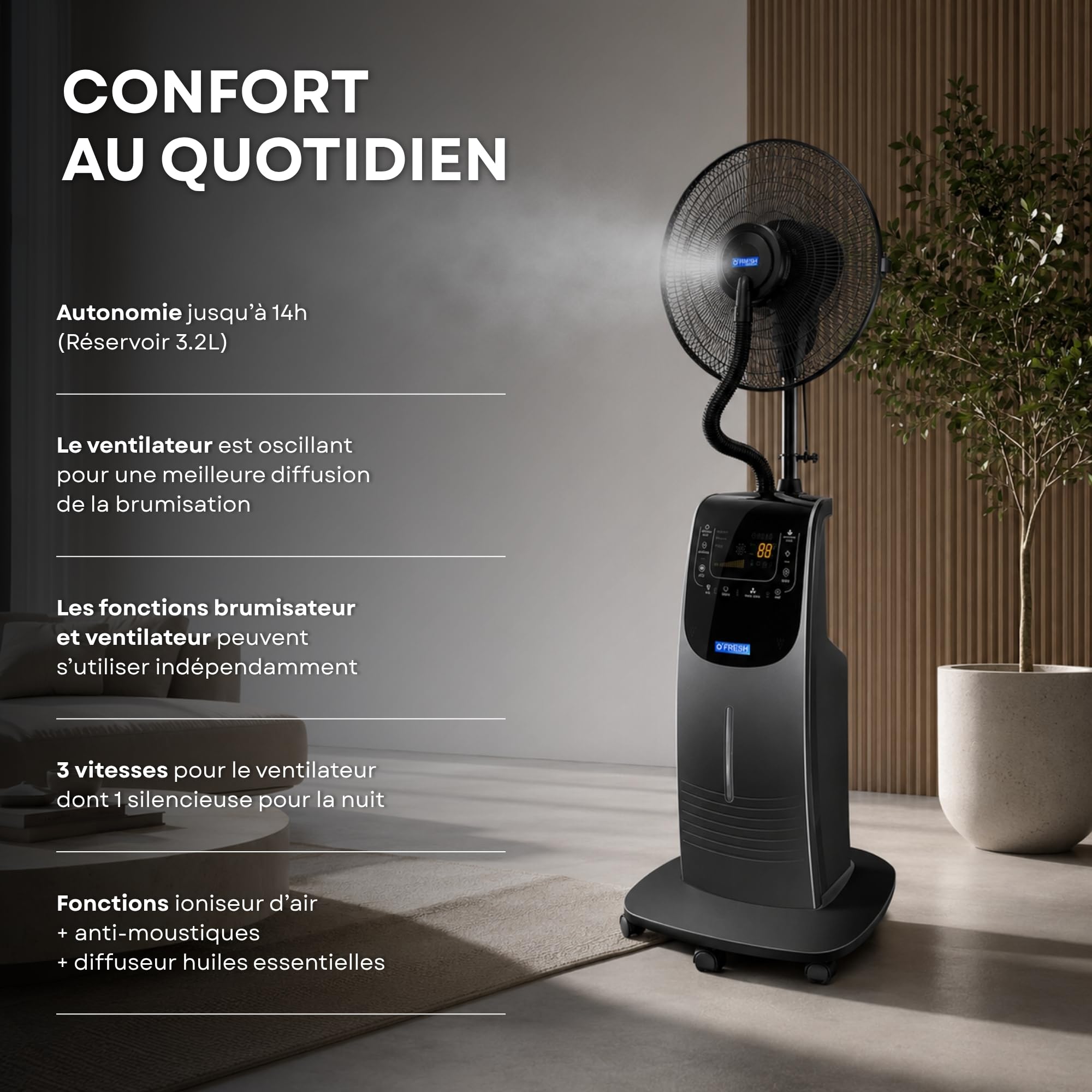 O’FRESH Ventilateur Brumisateur Intérieur sur Pied 135 cm - Rafraîchissement Puissant - Anti-moustique intégré - Autonomie 14h - Ioniseur d’air - Télécommande - Conçu en France