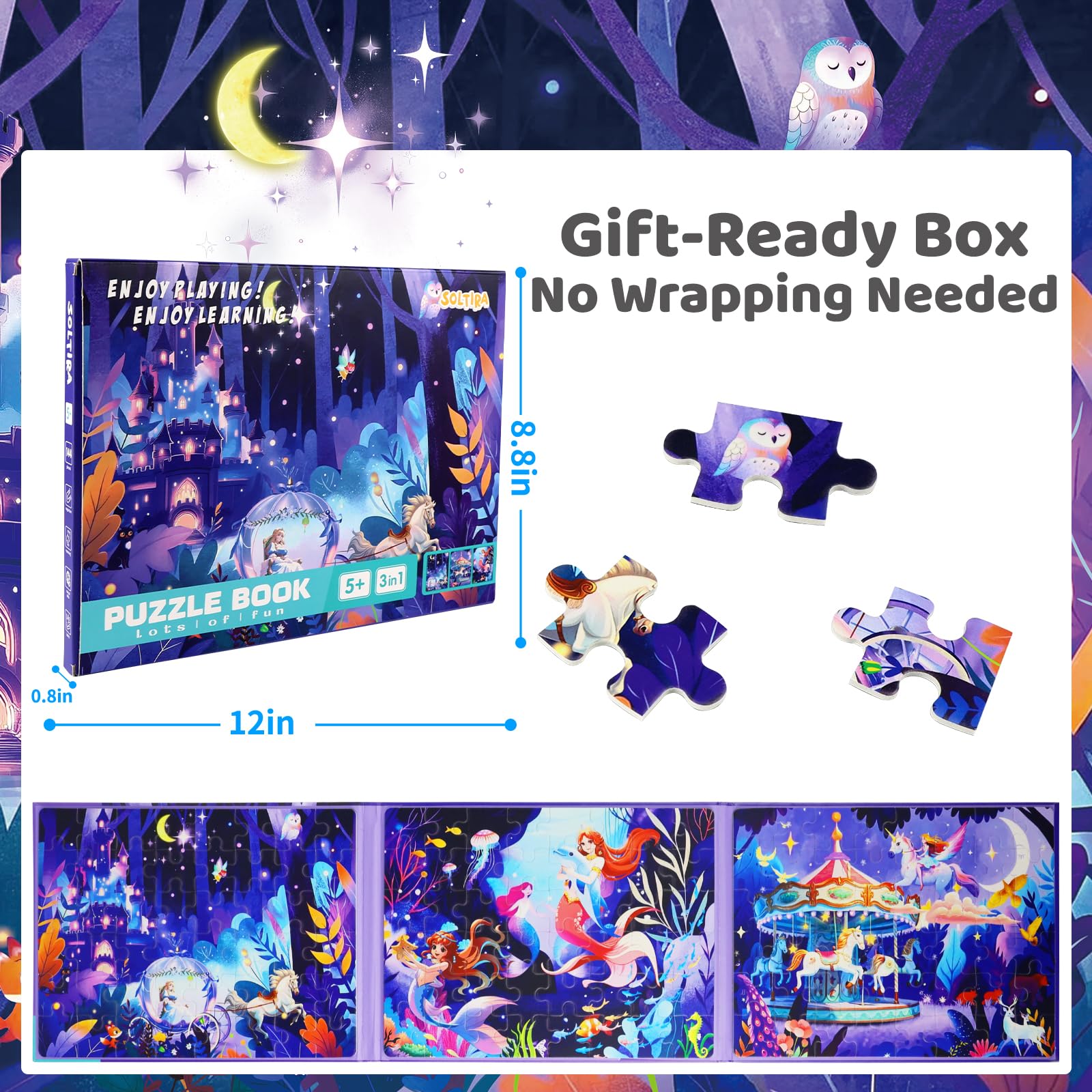 Puzzles for Girls Ages 5 6 7 8 Princess Themes (Carousel/Unicorn/Mermaid, 3 Sets x 48 Pieces) - Image 4