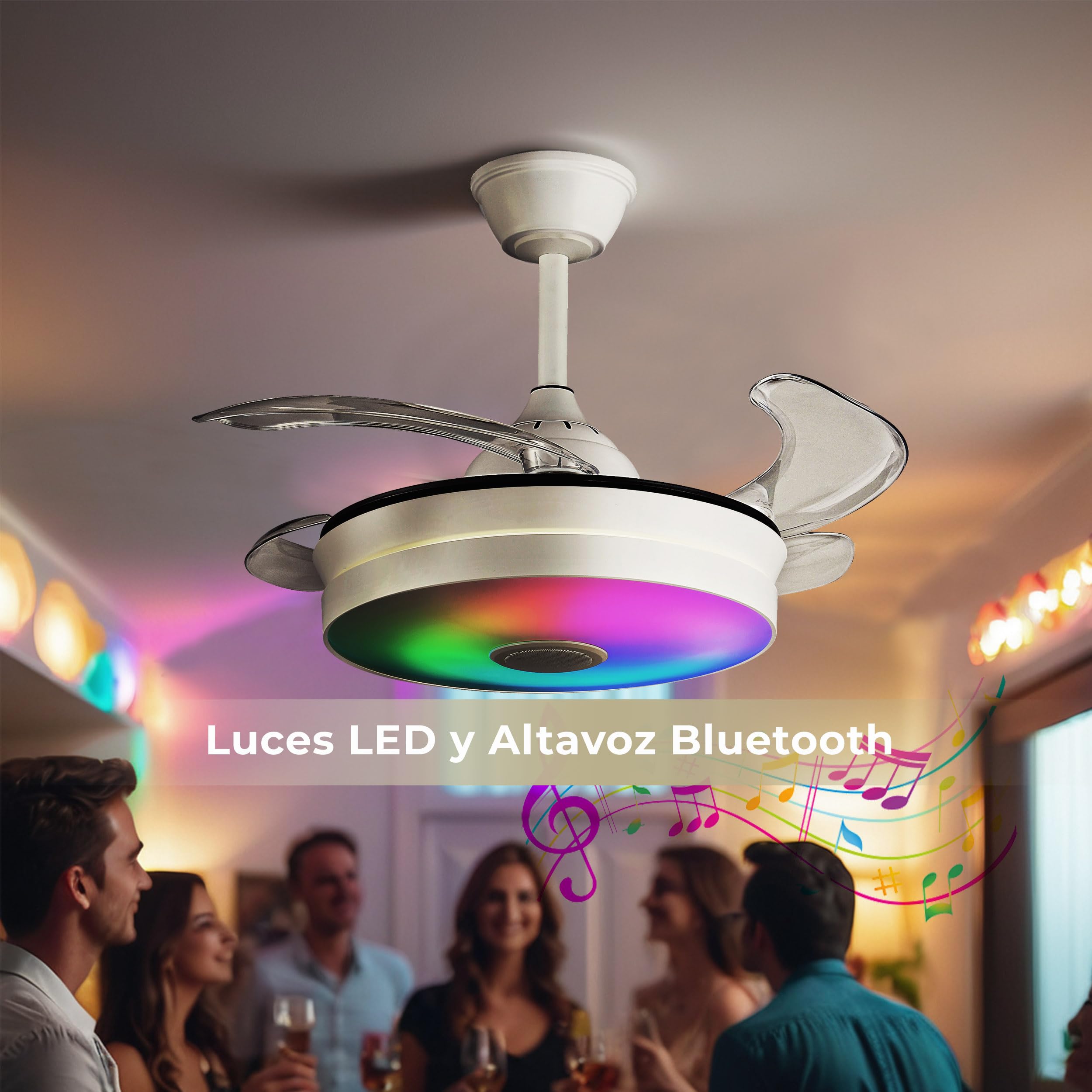 LUMIKING Ventilatore da Soffitto con Luce LED - Pale Retrattili, Musica e RGB - Silenzioso con Lampada Moderna, Telecomando, Bluetooth e APP per Soggiorno e Camera da Letto (108 cm)