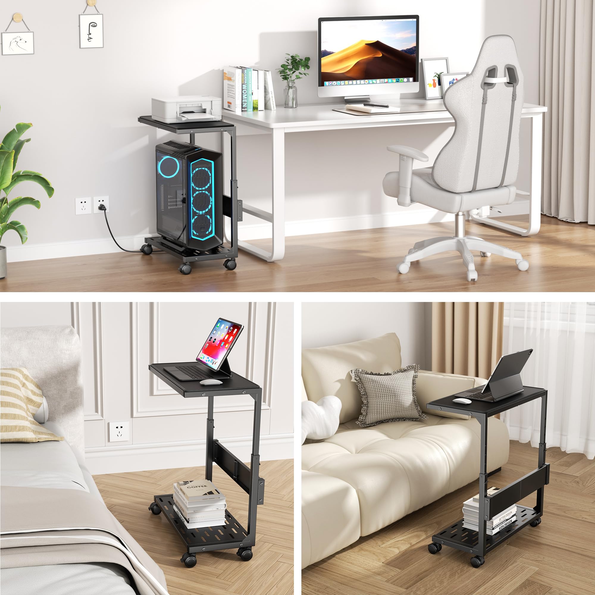 Aquzee Supporto per PC, supporto regolabile per computer, in metallo resistente nero sotto la scrivania CPU da pavimento su ruote, carrello per PC per tappeto, mobile per computer per accessori da