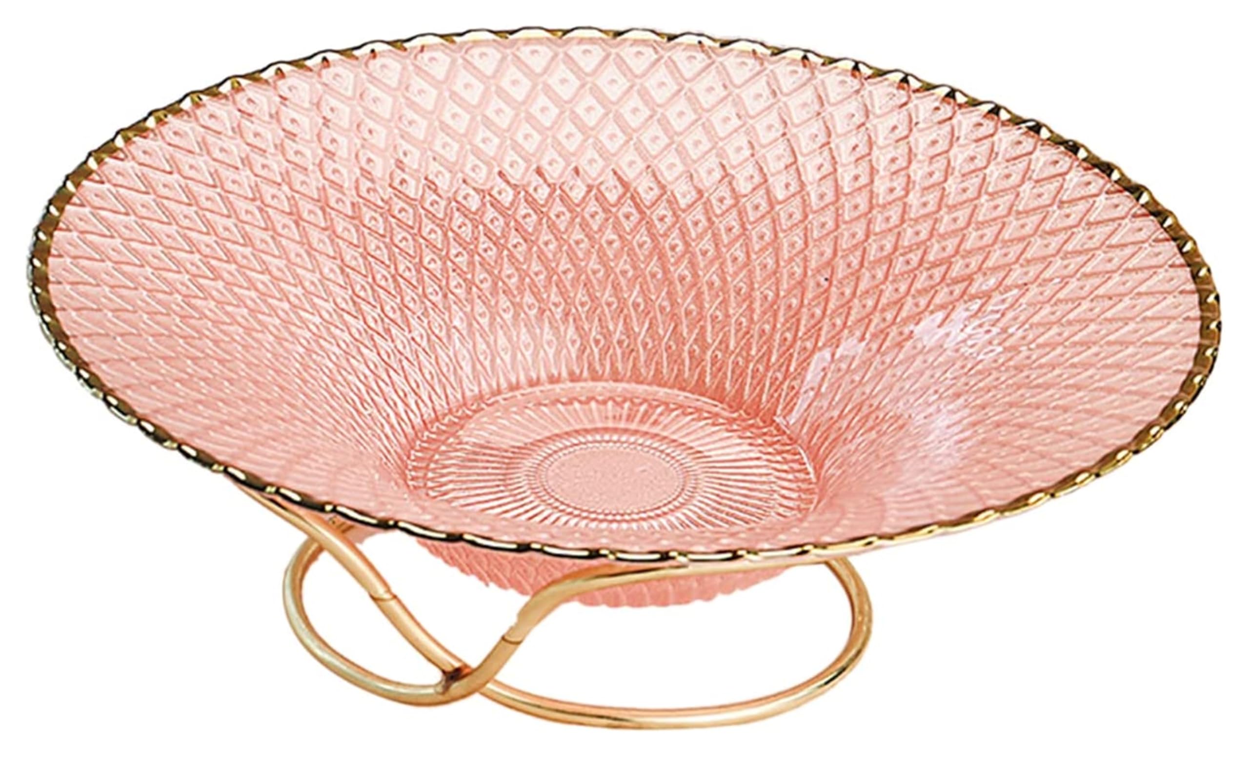 IROEJT Fruit Bowl Dessert Plate Modern Minimalist Fruit Plate Large-Capacity Snacks Candy Storage Baskets Glass Fruit Bowl With Metal Kitchen，Pink Large