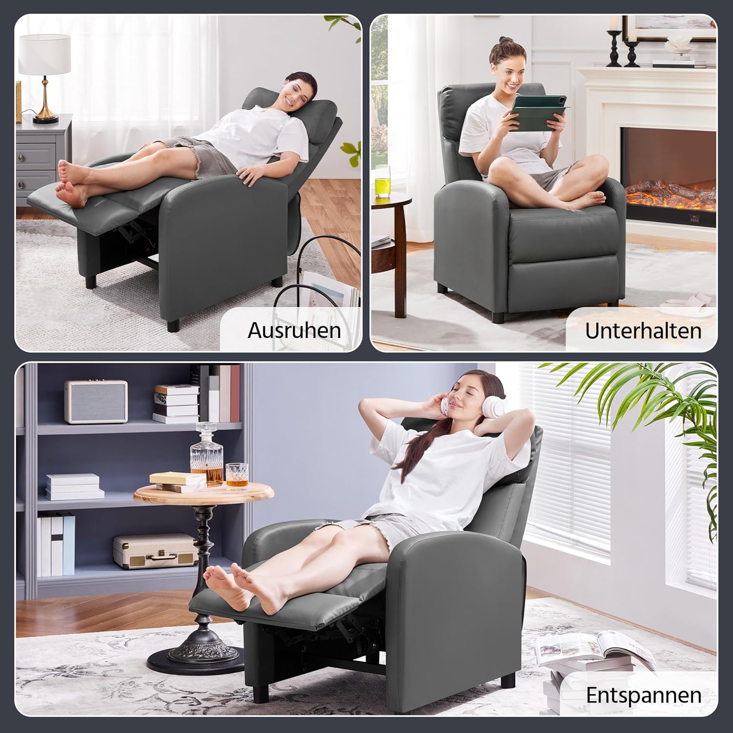 Collage of three images showing individuals using the recliner for resting, entertaining, and relaxing