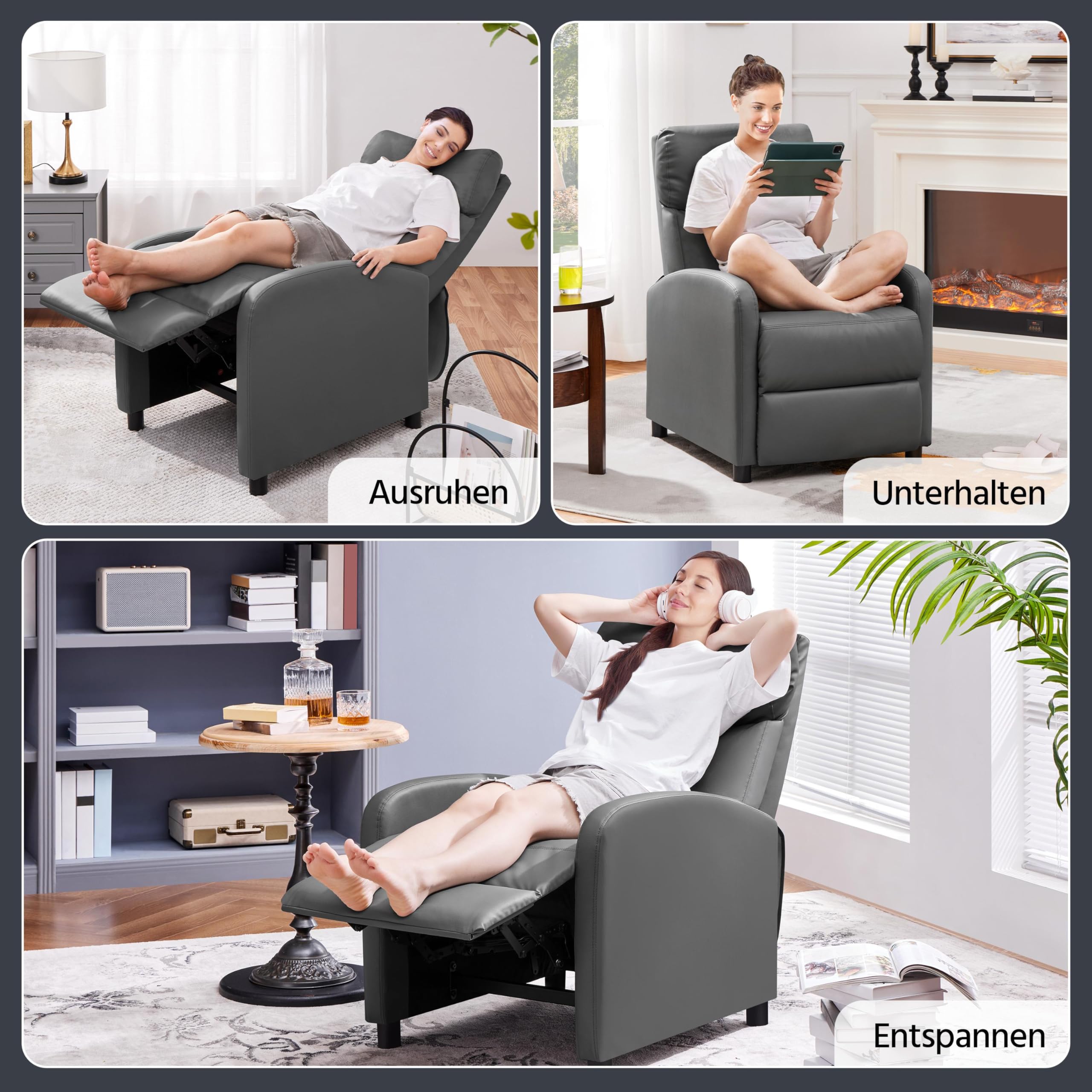 Yaheetech Ruhesessel Relaxsessel Liegesessel mit Verstellbarer Fußstütze und liegefunktion Fernsehsessel aus Kunstleder Einzelsofa 160° neigbar