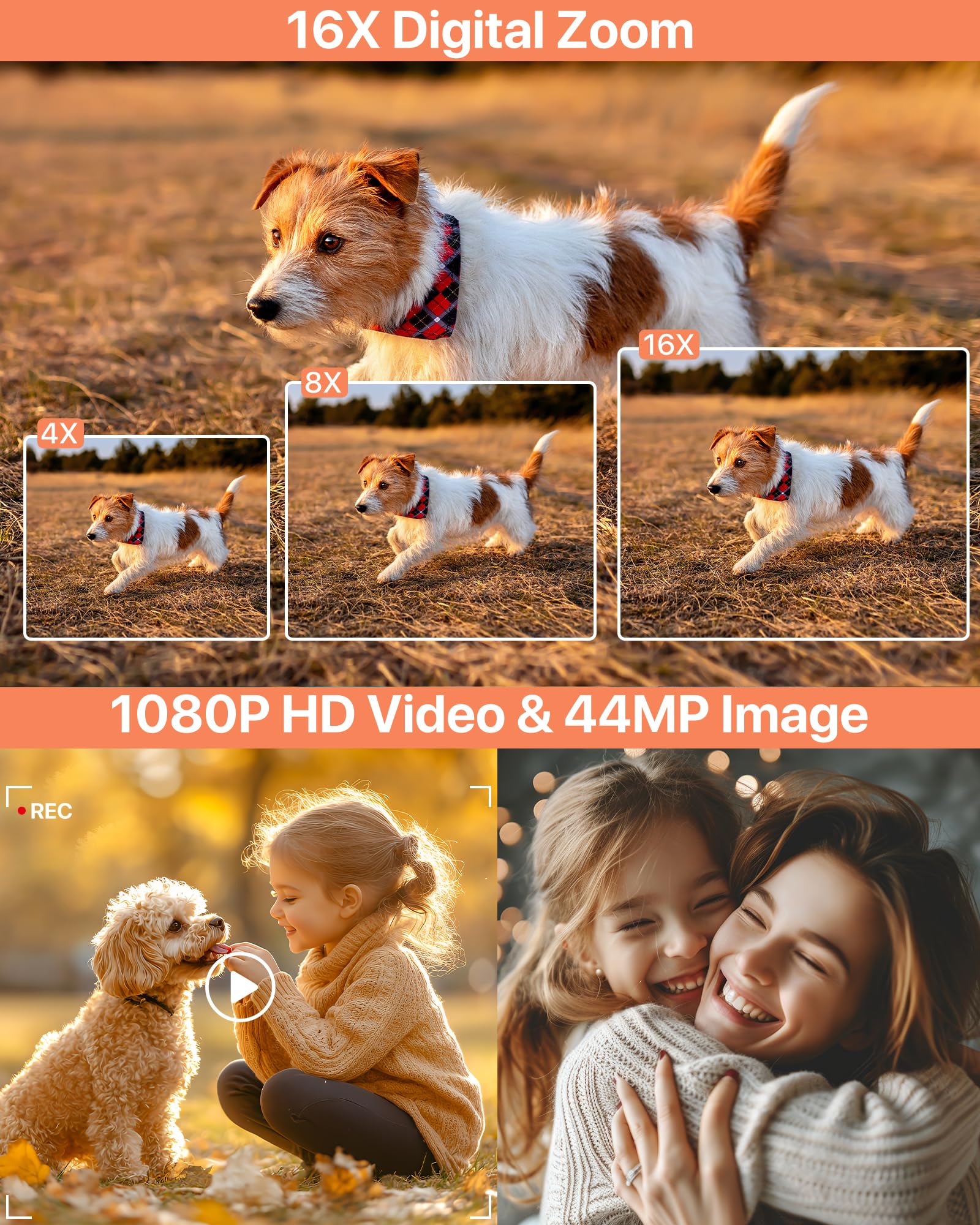 Digitalkamera 1080P 44MP 16X Digitalzoom Vlogging Kamera mit 2,4" LCD Bildschirm 32G Micro Speicherkarte für Kinder Teenager Anfänger