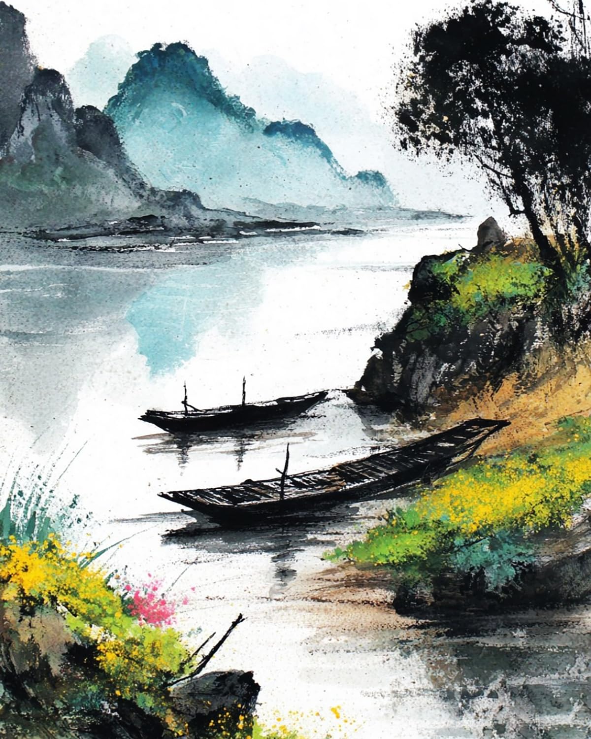 Liubaishi Multicolour Paint By Numbers Kit For Adults, 16X20 Inch, Mooring On The Spring River, Acrylic On Canvas