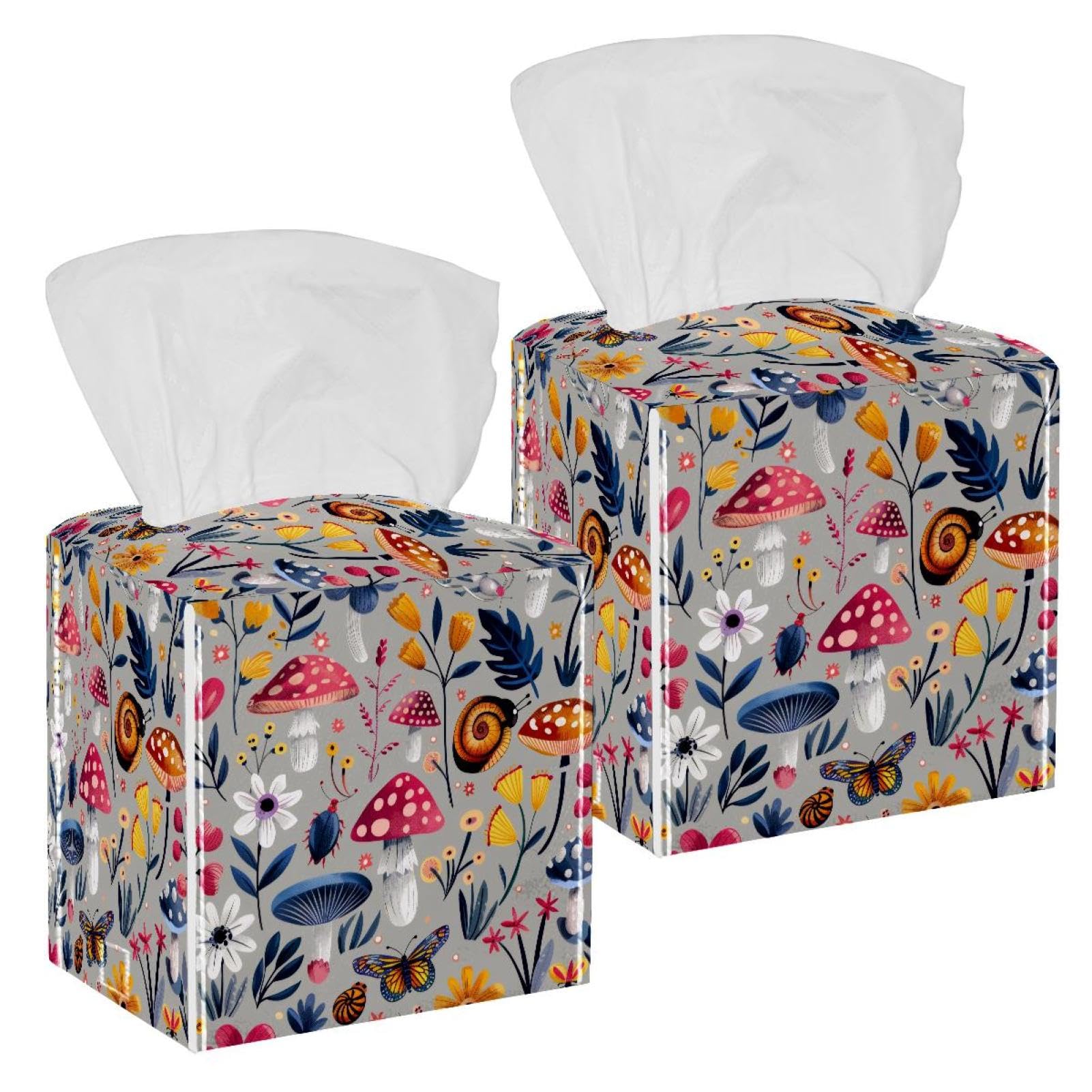 Butterflies Mushroom Tissue Box Cover, 2 Pack PU Leather Square Facial Tissue Dispenser Box holder for Home Office Car