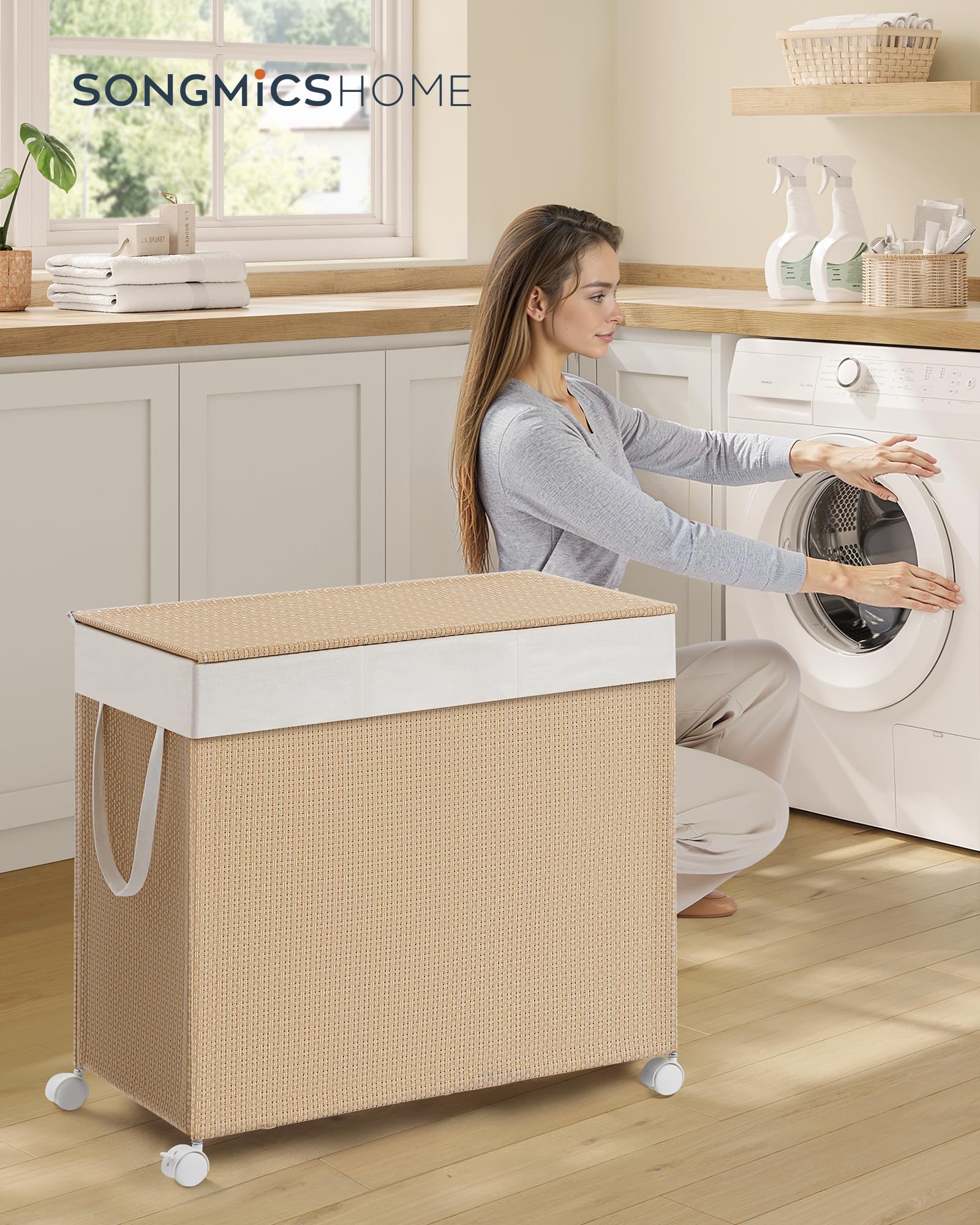 SONGMICS HOME 3-komorowy kosz na pranie, 140 l, rolowany sorter na pranie, z pokrywką, worek na pranie z uchwytami, do pralni i łazienki, naturalny beż i matowa biel LCB602N01