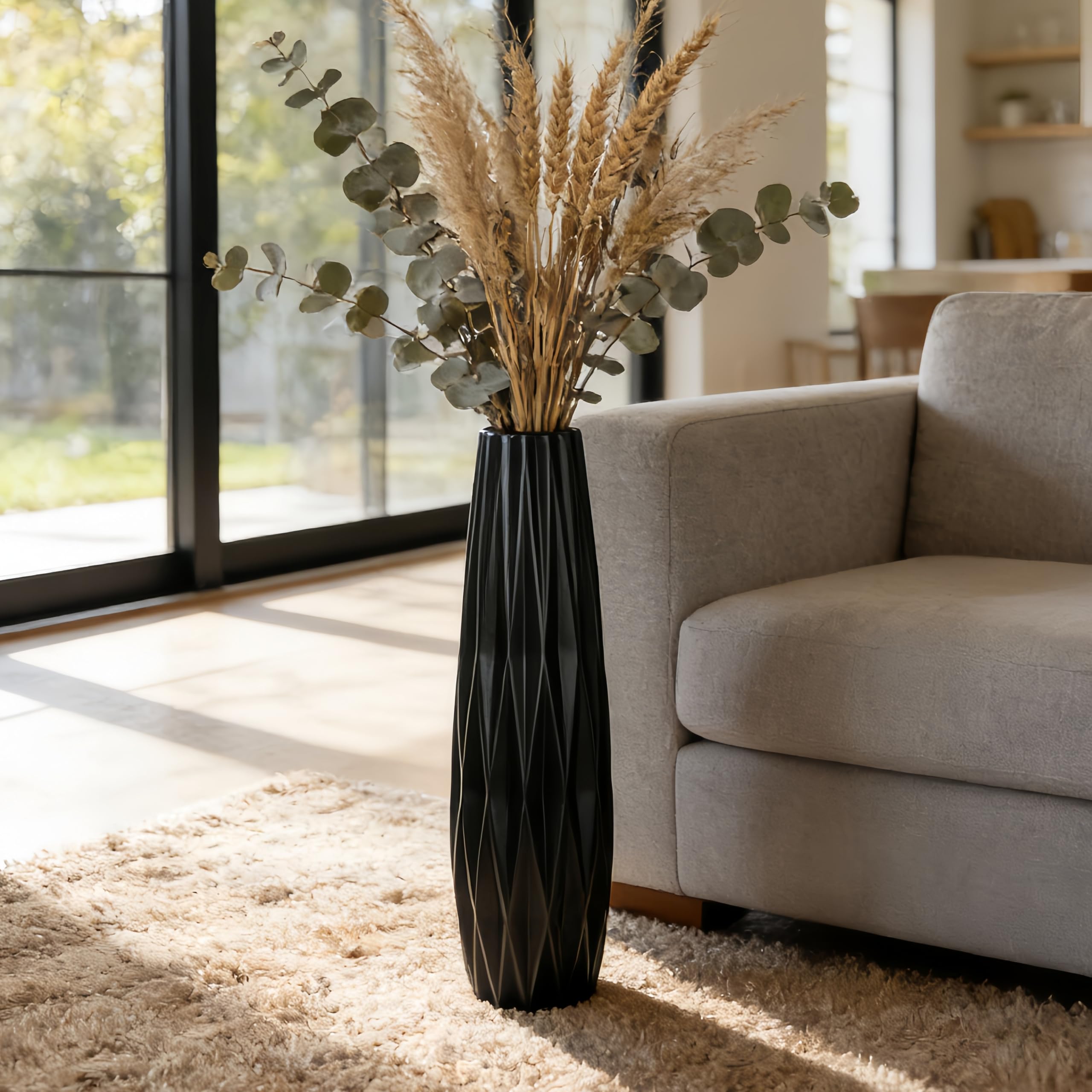 Moderne 60CM Schwarze Keramik Bodenvase,Hoch,24" Dekorative Vase für Pampasgras,Blumen und Trockenblumen,Ideal für Wohnzimmer und Büro