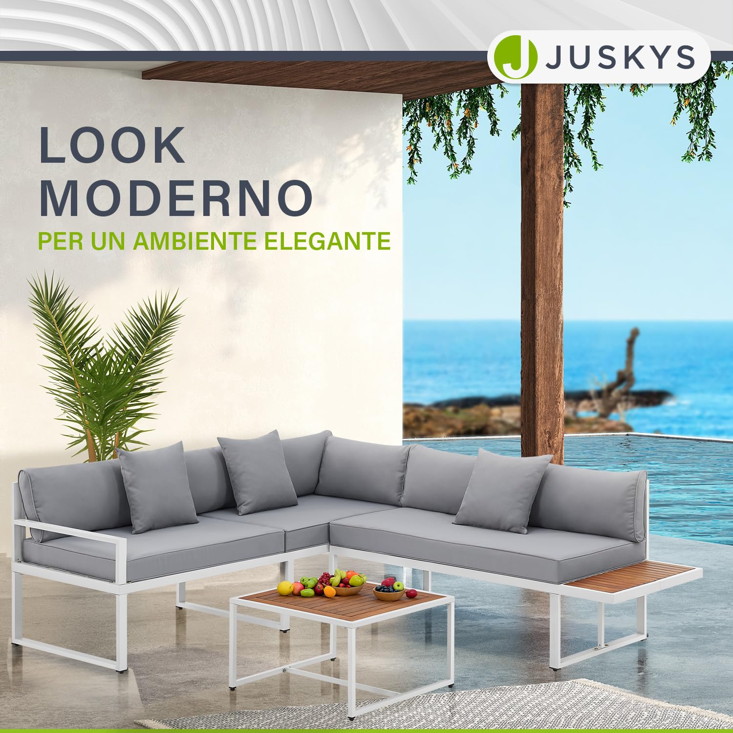 Juskys set di mobili St. Tropez - Per 4 persone - Tavolo, divano angolare e cuscini - Per balcone e giardino - Legno e bianco